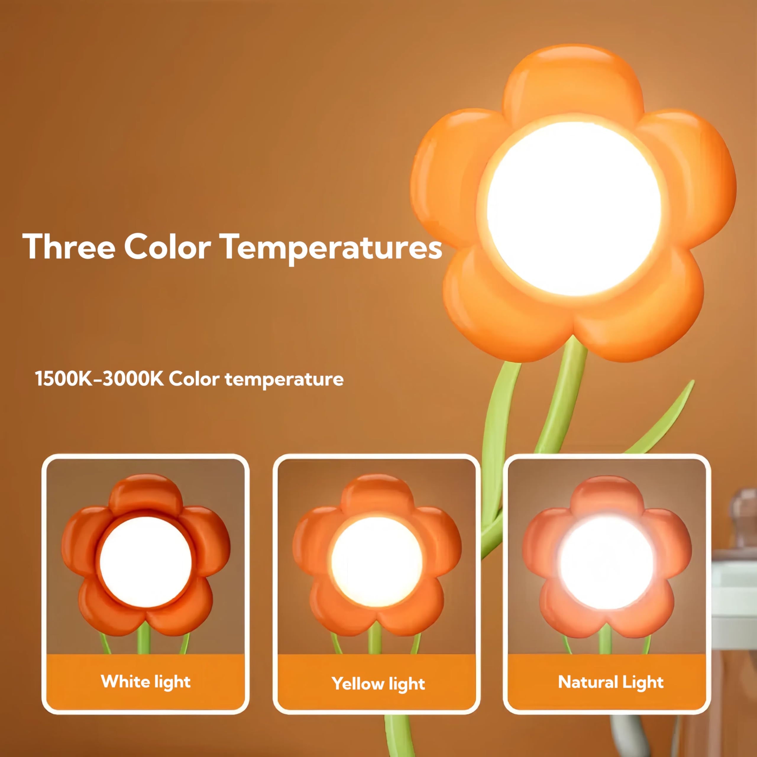 magical JD Sunflower Lamp Rechargeable LED Night Light, 3-Colour Dimming, Model GL371A-1, Orange