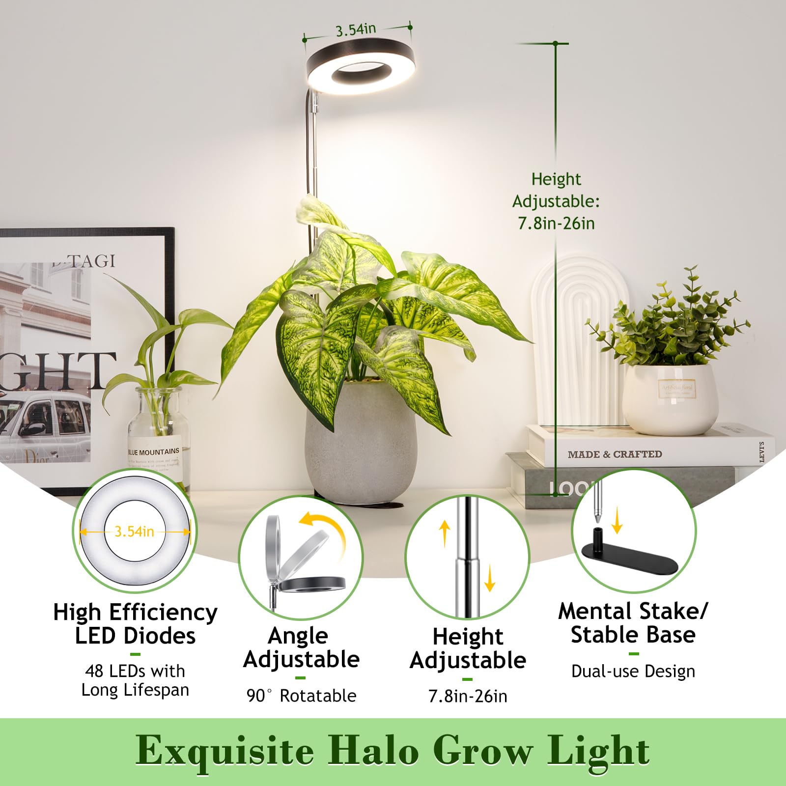 Lordem Grow Light, 48 Leds Plant Light For Indoor Plants, Full Spectrum Desk Grow Lamp With Automatic Timer For 4H/8H/12H, 4 Dimmable Levels, Height Adjustable 7.8&quot;-26&quot;, Black, 3 Pack