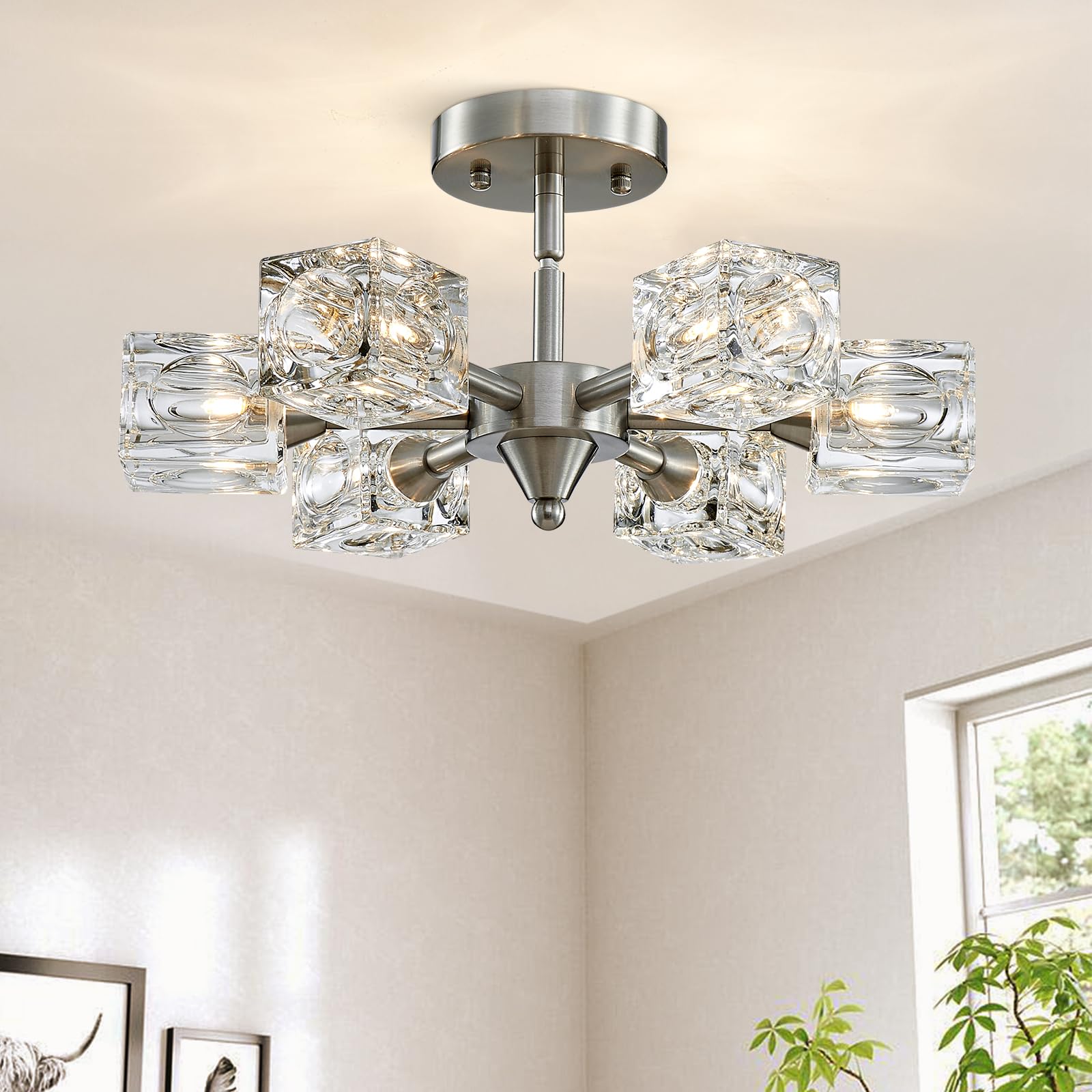 Peskoe Sputnik Light Fixture Modern Chandelier Ceiling Light, 16.9'' Brushed Nickel Semi Flush Mount Ceiling Light Fixture For B