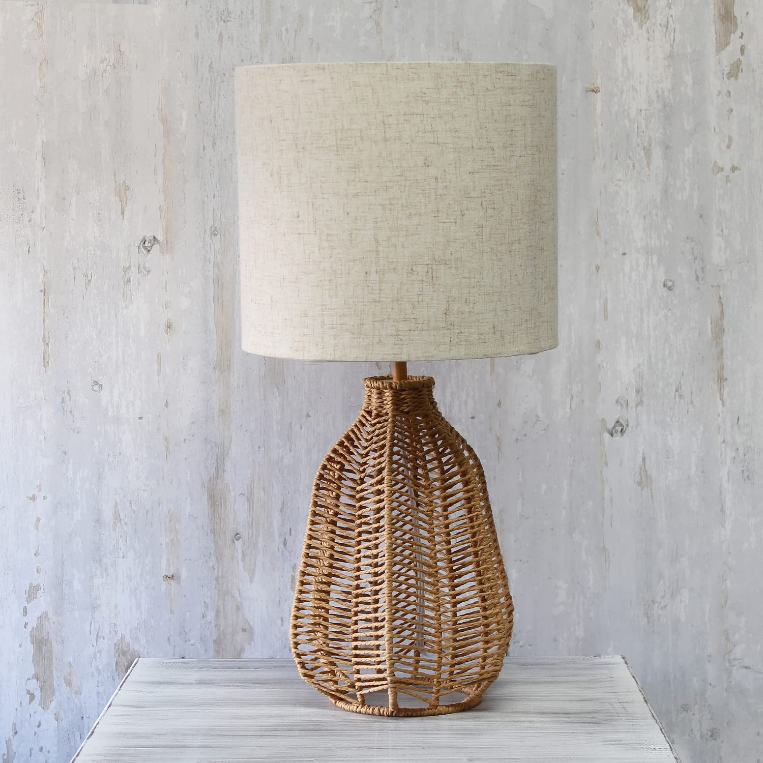 Elegant Designs LT2106-NAT Table Lamp, 21in Tall, Boho Coastal Style, Natural Paper Rope, Light Beige Linen Shade, 10.25x10.25x21