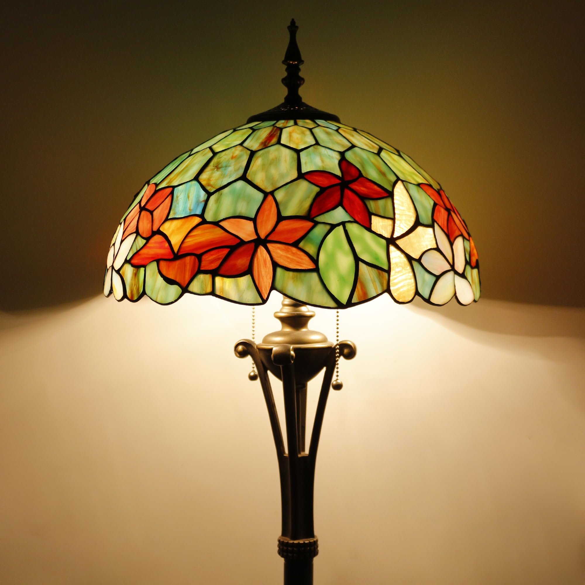 L-Juicwe Tiffany Floor Lamp Red Yellow Green Flowers Stained Glass Standing Reading Light 16X16X70 Inches Antique Pole Corner La