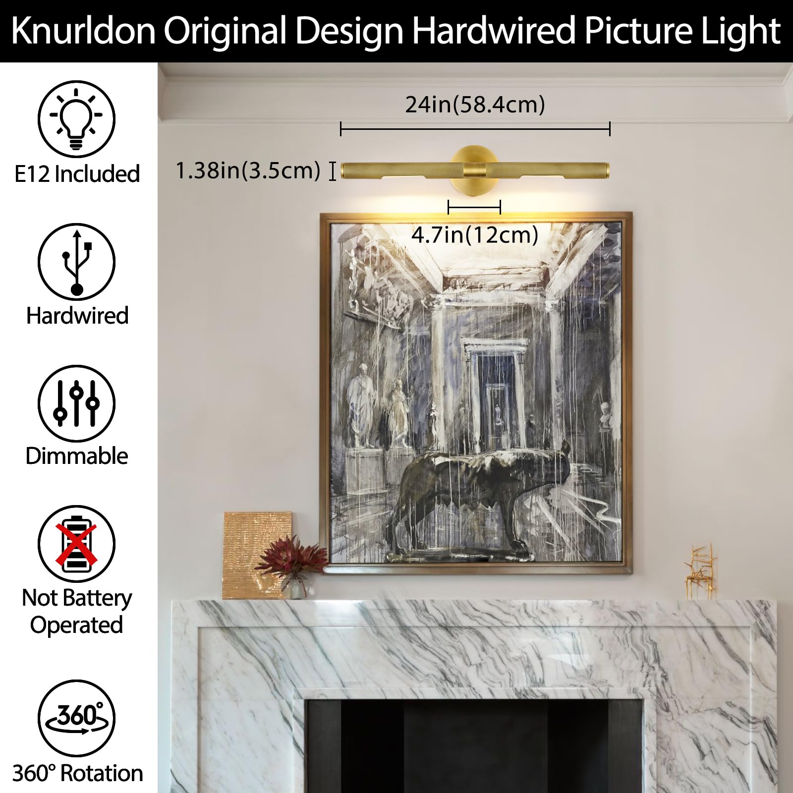 Knurldon Gold Brass Hardwired Picture Light, 24'' Knurled Dimmable Rotatable 360 Picture Lights For Wall, Vanity Light, Gallery