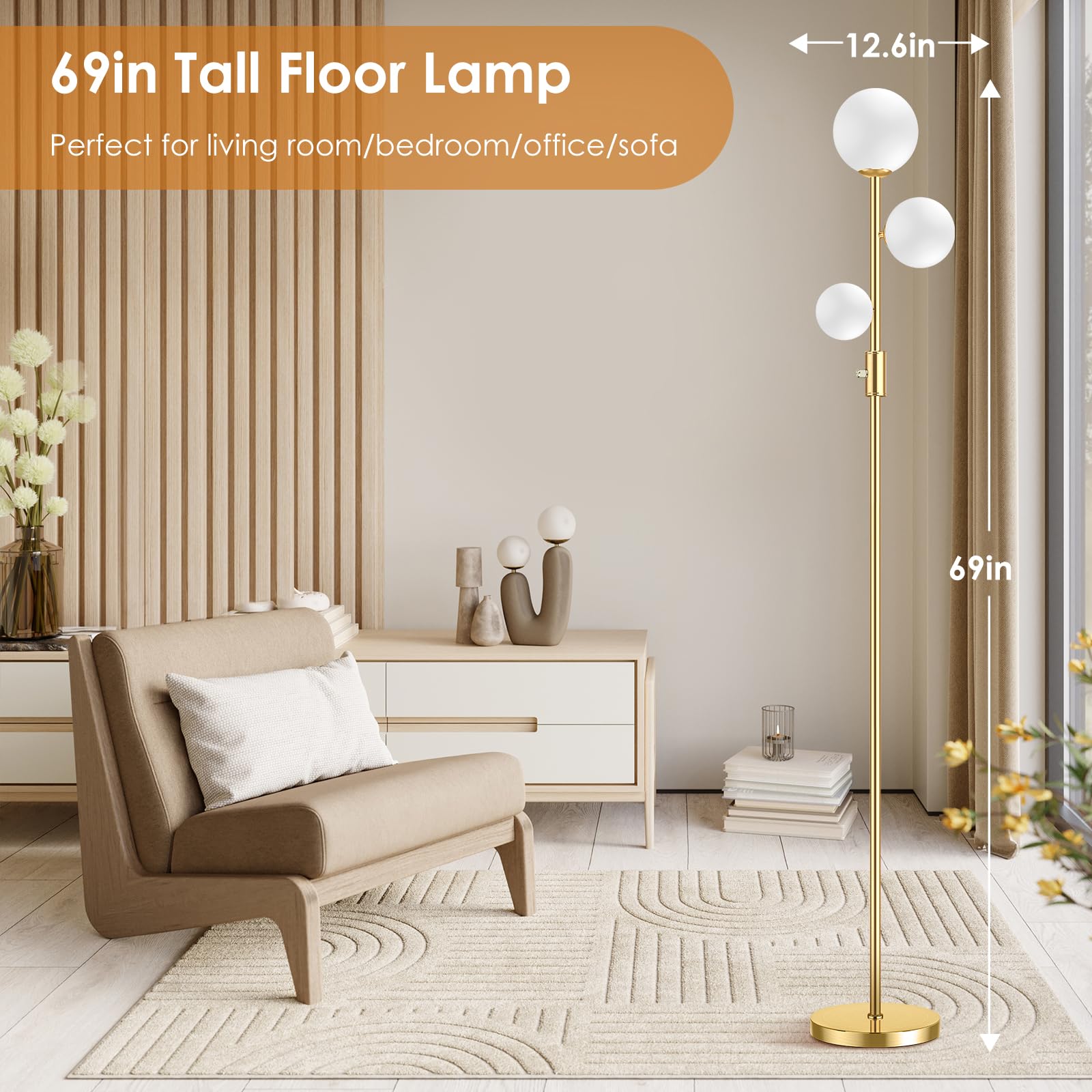 Sucolite 69'' 3-Globe Mid Century Floor Lamp For Living Room, Modern Dimmable Tall Standing Lamp With Frosted Glass Shades, Cont