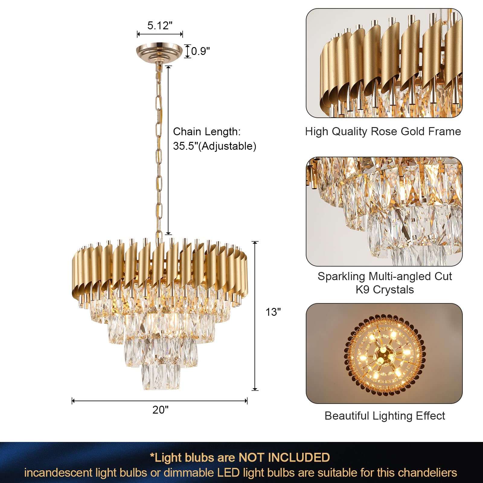 A AXILIXI Modern Crystal Chandelier 20in Gold Pendant Light 4 Tiers Raindrop Flush Mount for Entryway Dining Room Model 8801