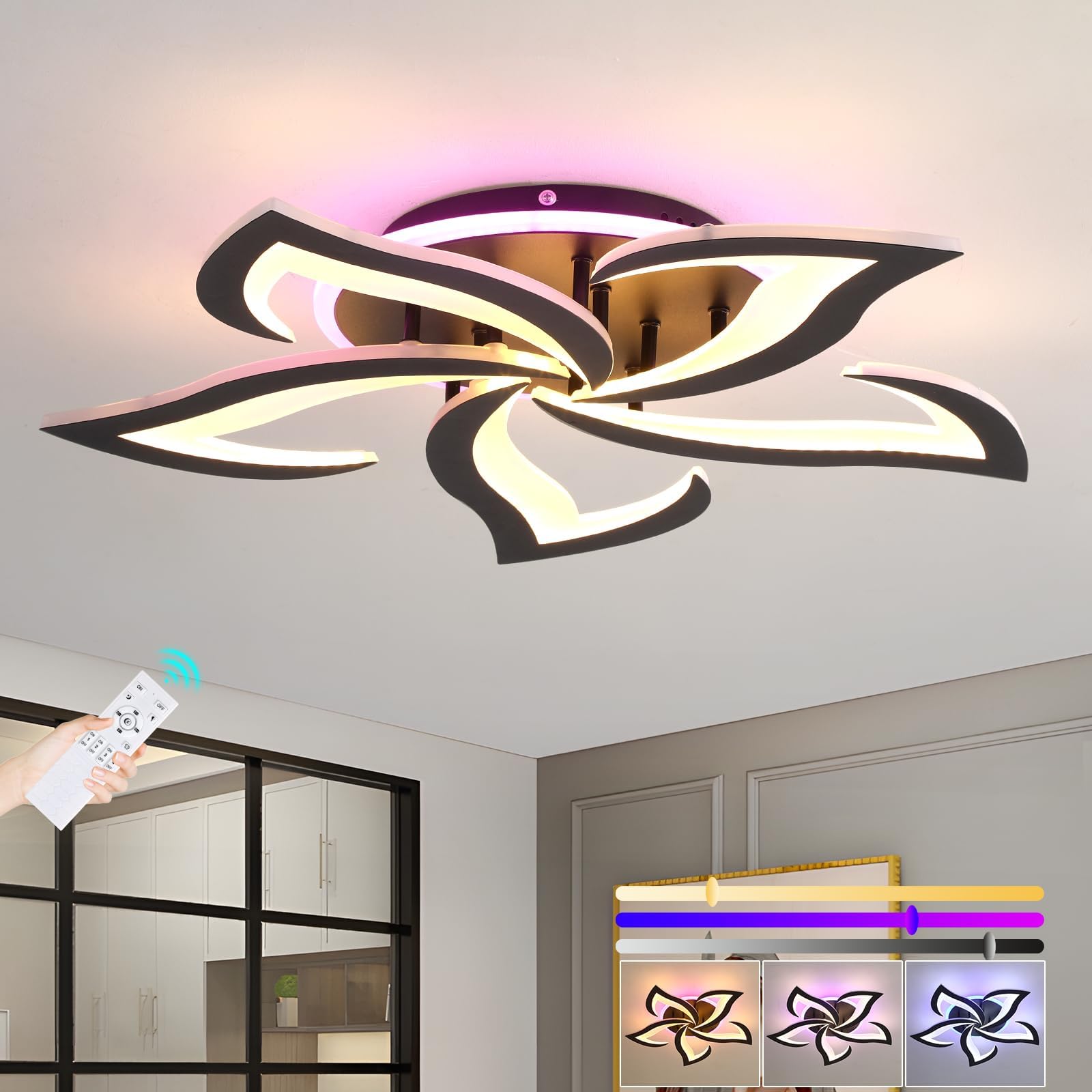 ZAITINZ Modern LED Ceiling Light  Dimmable Flush Mount Ceiling Lights  Remote Control Acrylic Ceiling Lamp Fixture for Living Room Dining Room Bedroom 3000-6000K Black