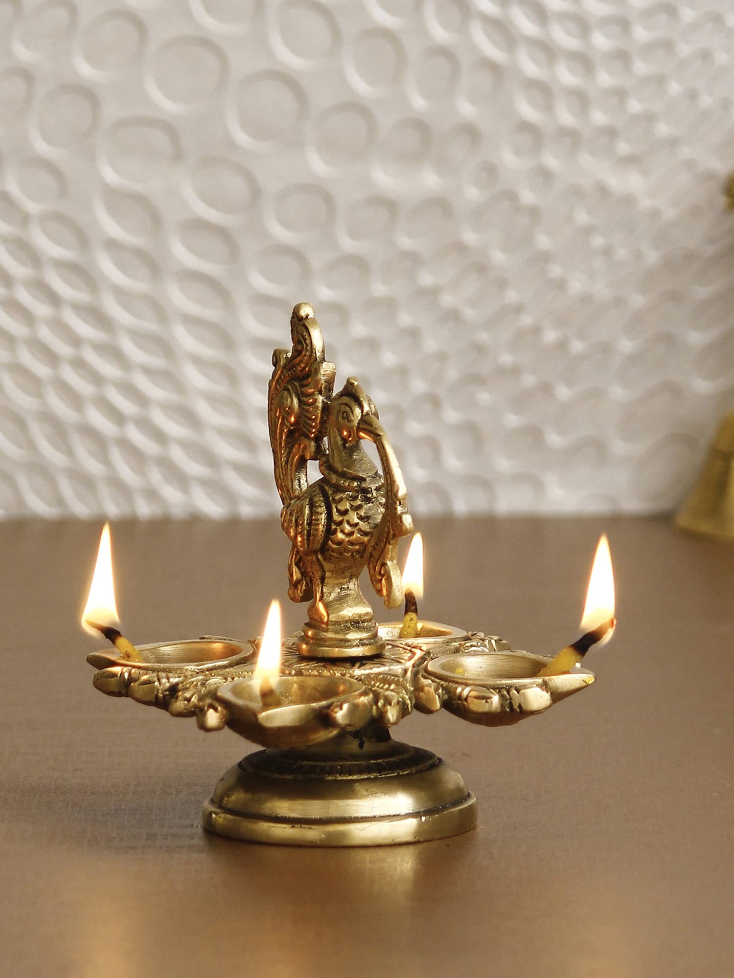 eCraftIndia Golden Brass Decorative Handcrafted Peacock Showpiece with Diya of 4 Wicks - Auspicious Designer Diya, Deepak, Deepa