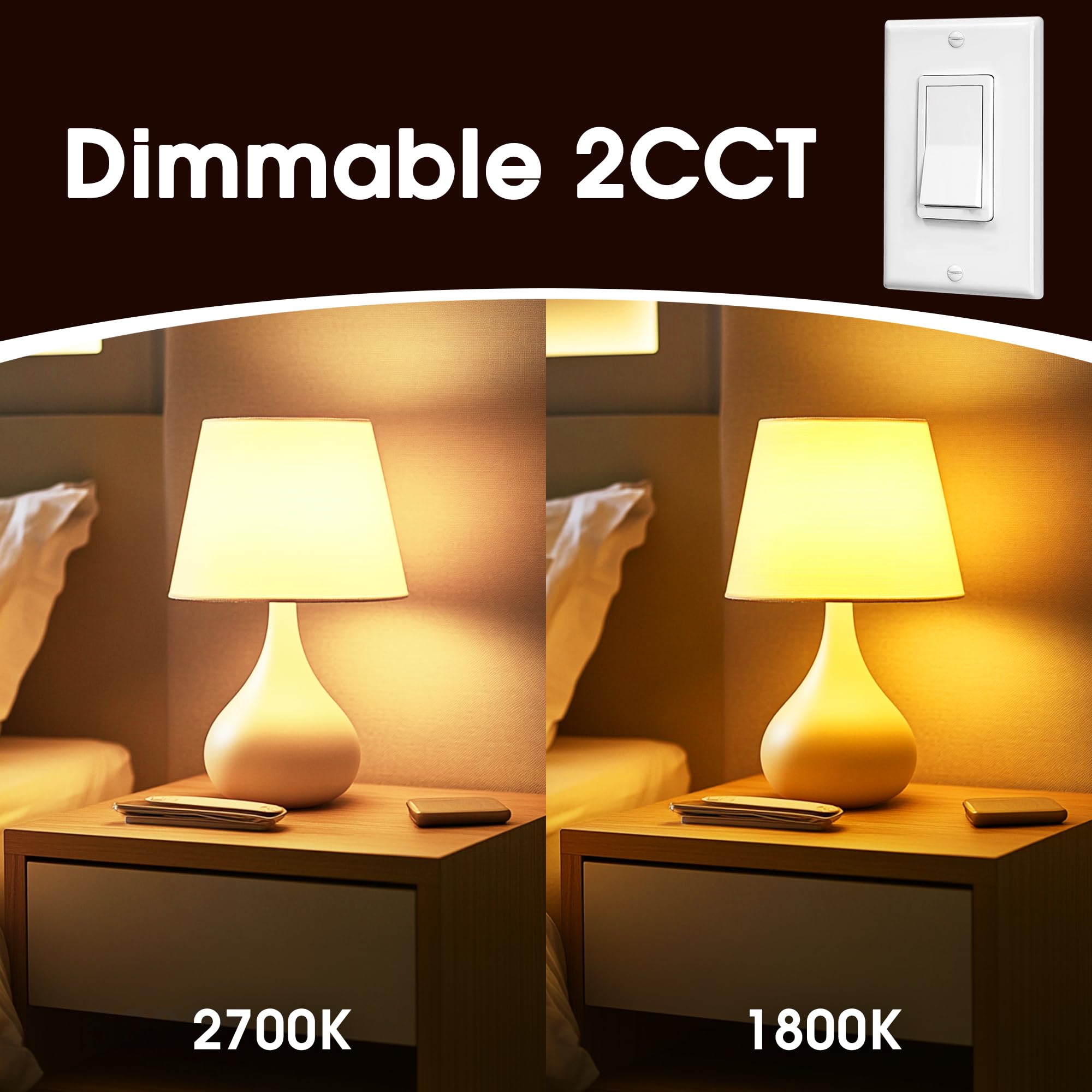 Briignite Amber Sleep Light Bulbs, A19 E26, Dimmable 2 Pack, 2700K-1800K, Blue Light Blocking, 2CCT, Soft Warm