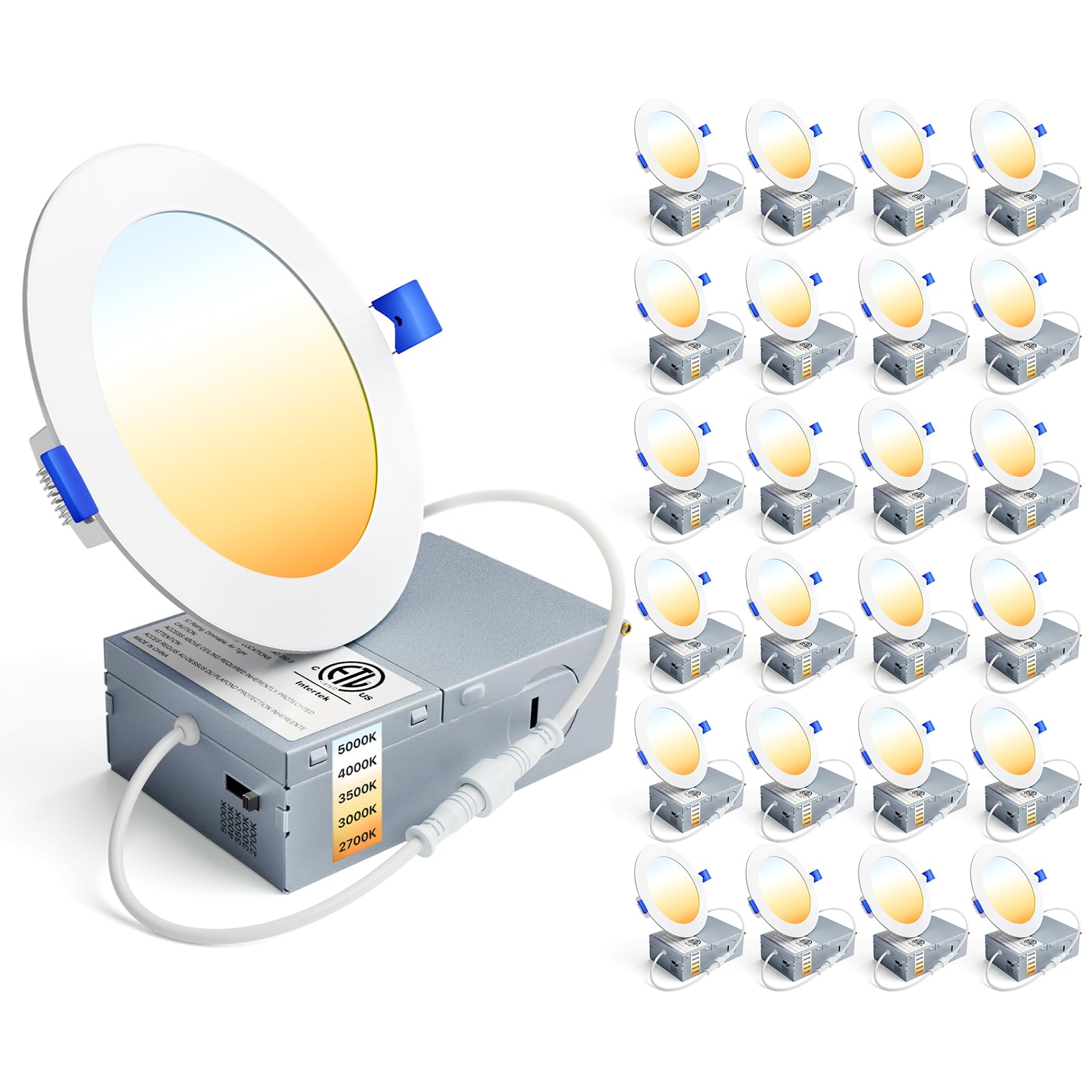 Ensenior 24 Pack 4 Inch Led Recessed Light, Dimmable, 2700K-5000K 5Cct, 750Lm High Brightness, 9W 120V, Damp Rated, Ultra-Thin Canless Wafer Ceiling Light - Etl & Fcc & Ic