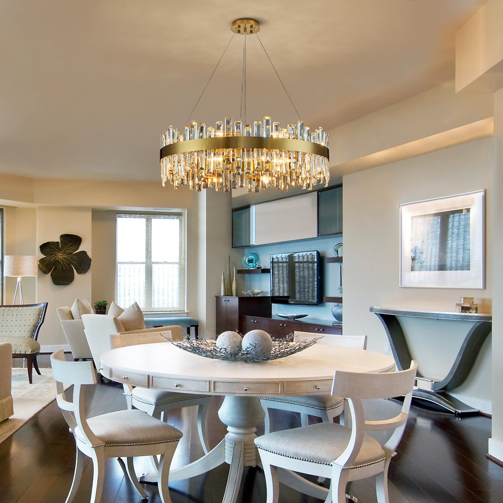 Siljoy Modern Crystal Chandelier 16 Lights Brass Gold Round D31.5in  Clear K9 Crystal Semi Flush Mount for Dining Living Room Bedroom