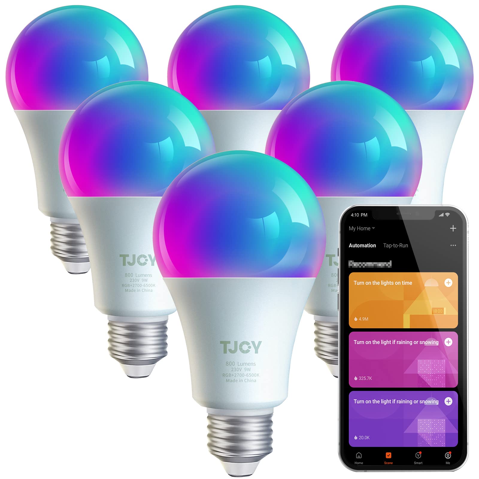 Tjoy 6 Pack Smart Led Light Bulbs, Wifi Bulbs Work With Alexa&Google Home, Rgb Color Changing Light Bulb, Music Sync, A19 E26 9W
