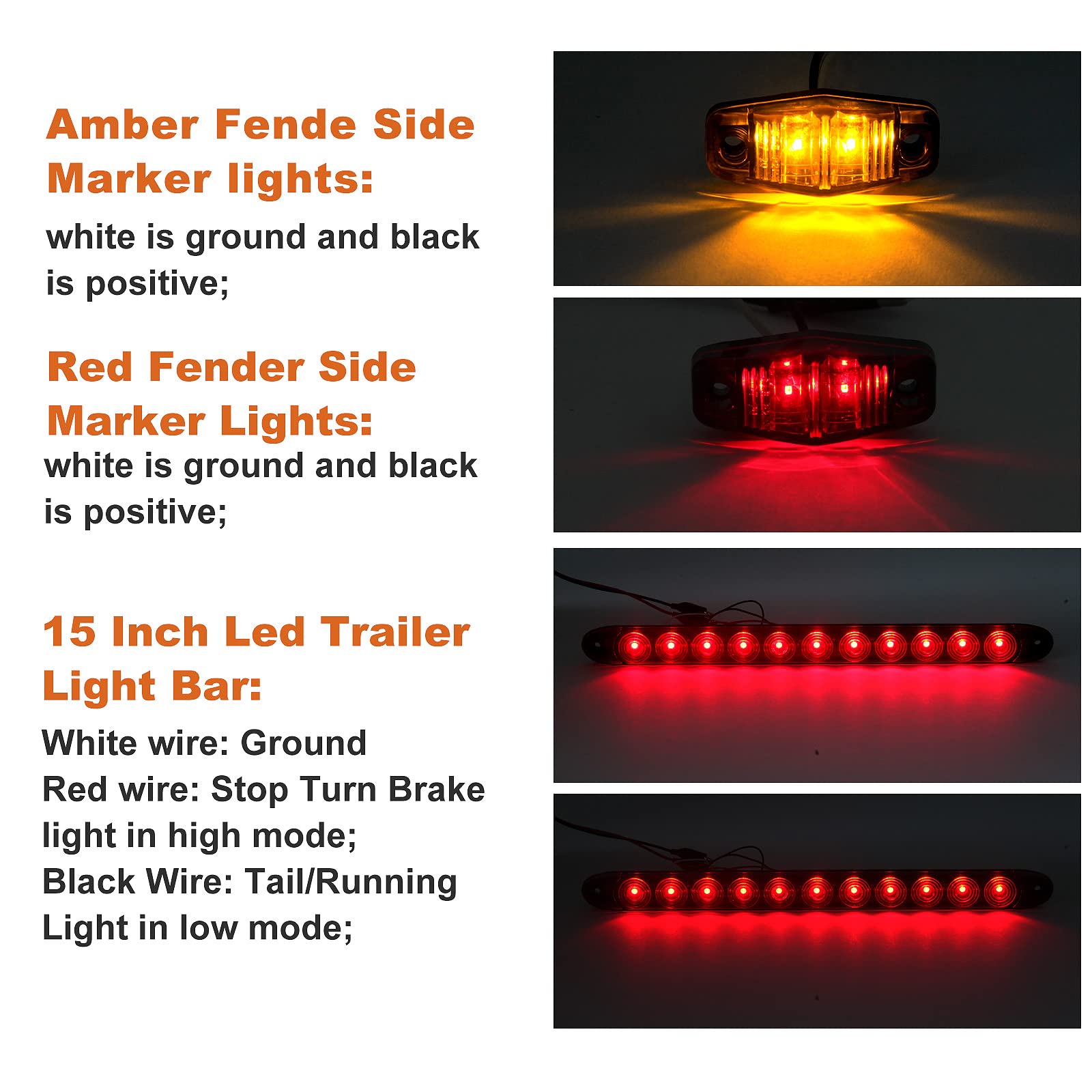 12V Trailer Led Light Kit, 2X Square Led Stop Turn Tail Brake License Plate Running Lights W/ 25Ft Wiring Harness/6X Mini Marker Lights/15&quot; 11Led Trailer Tail Brake Light Bar/License Plate Bracket