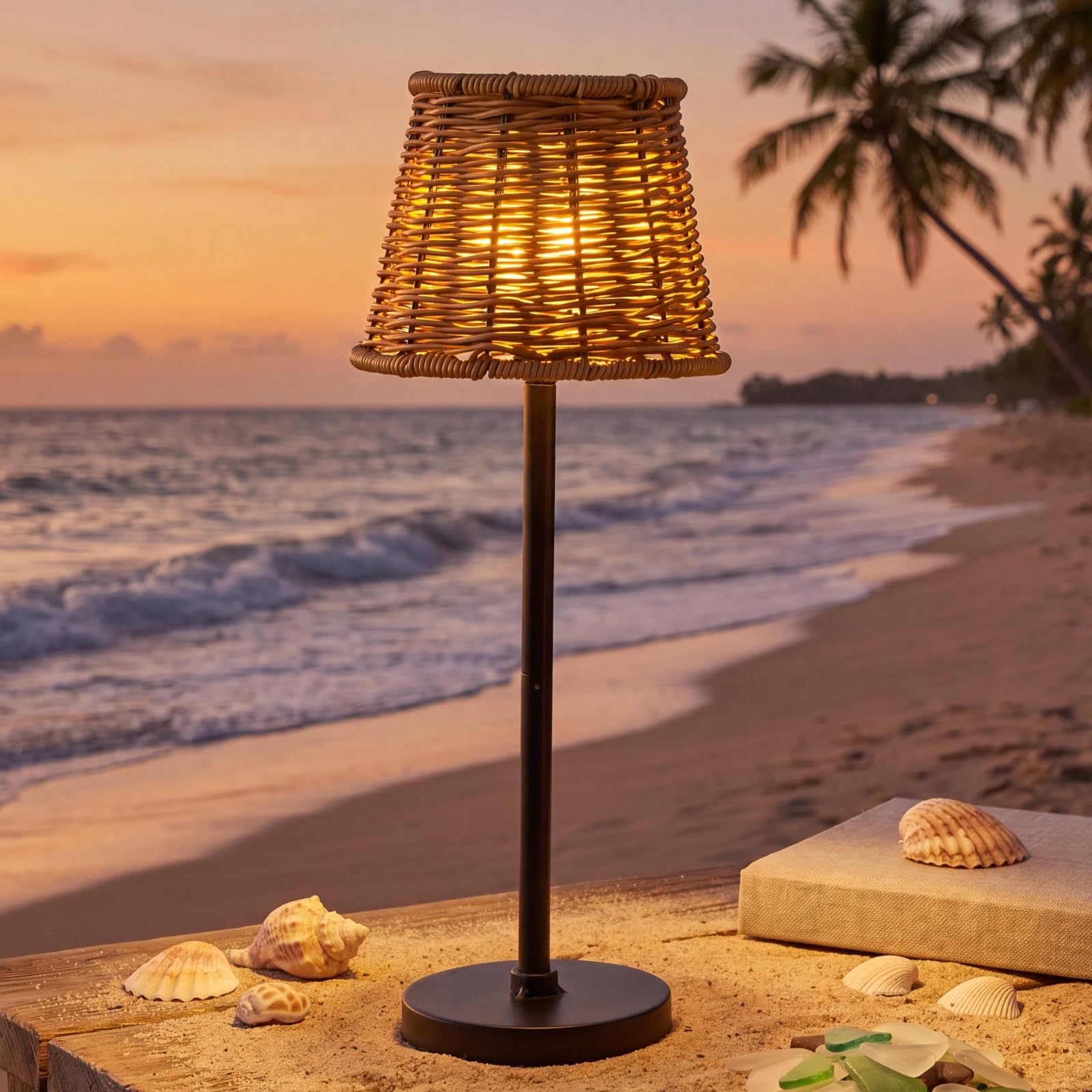 VIHOSE Solar Outdoor Floor Lamp Rattan Wicker Lights for Outside Waterproof Boho Table Lamps with Metal Base for Garden, Yard, P