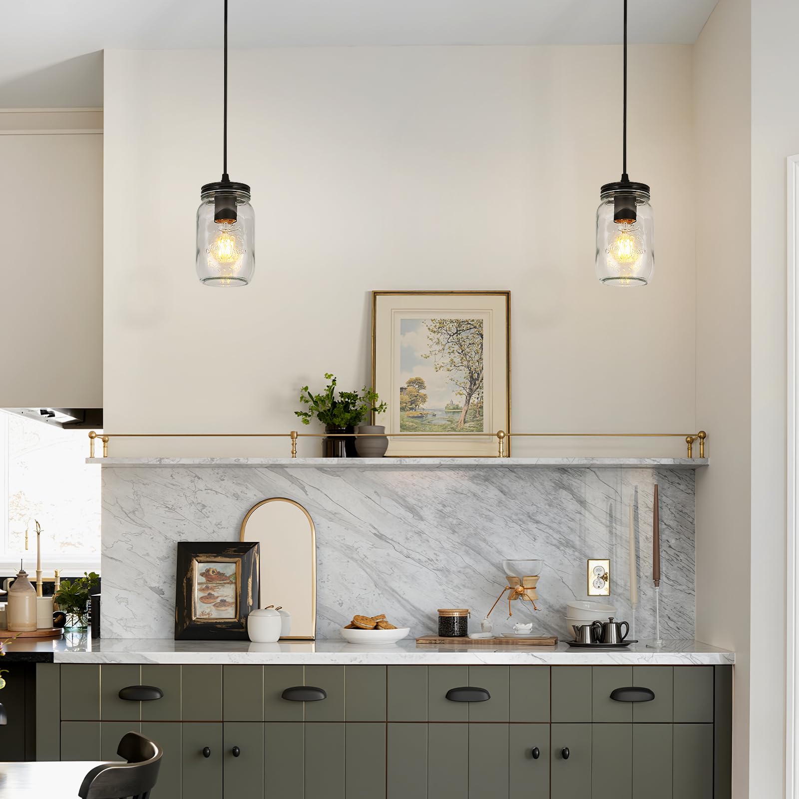 UShe DHome Black Pendant Lights, 2 Pack Clear Glass, 2-Light, D 3.5in for Kitchen Island, Dining Room, Hallway