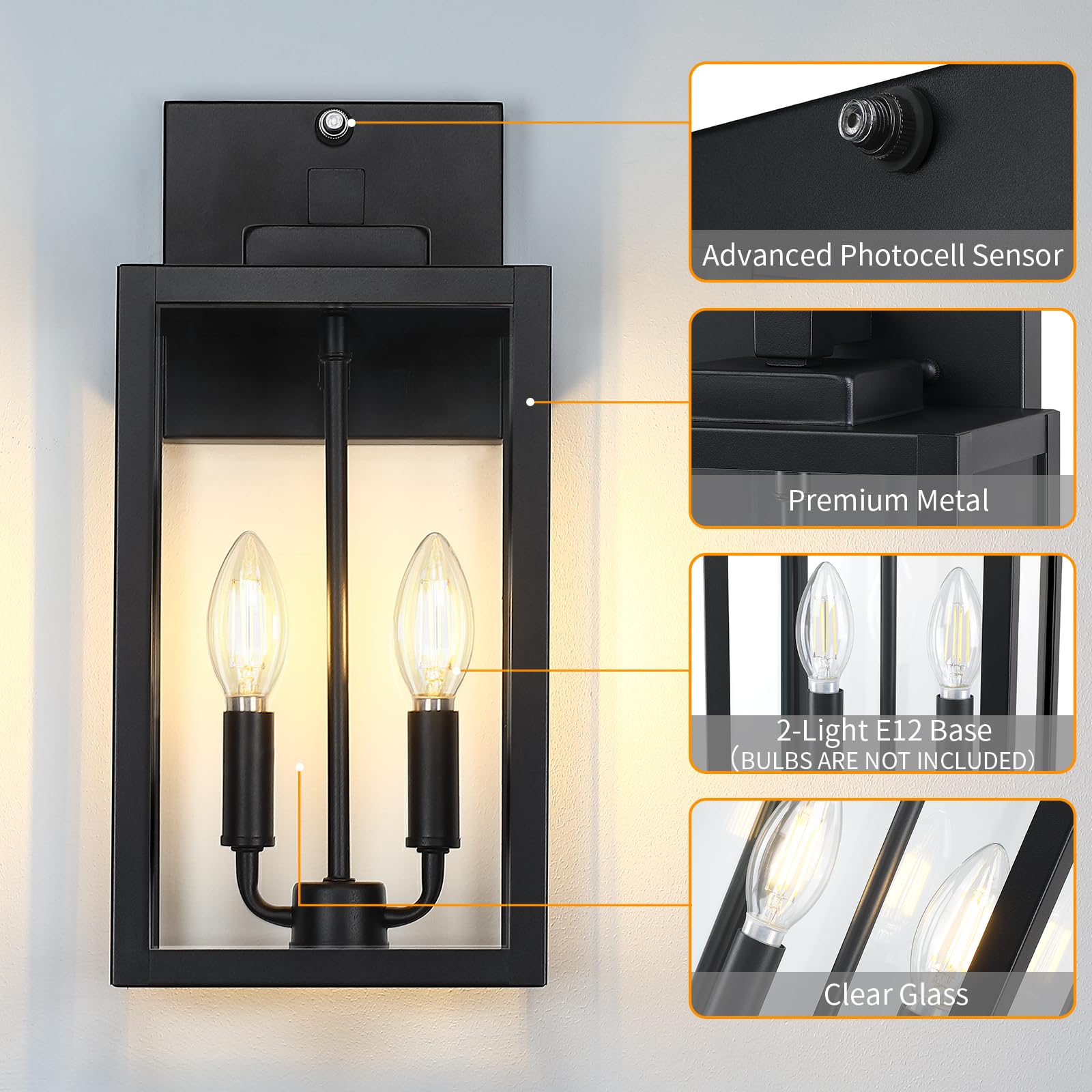 15.4&quot; Dusk To Dawn Black Outdoor Wall Lantern 2-Light, Outside Modern Wall Sconce Light Fixture, Industrial Porch Light Wall Mount With E12 Sockets, Waterproof Exterior Lamp Lighting, 1 Pack