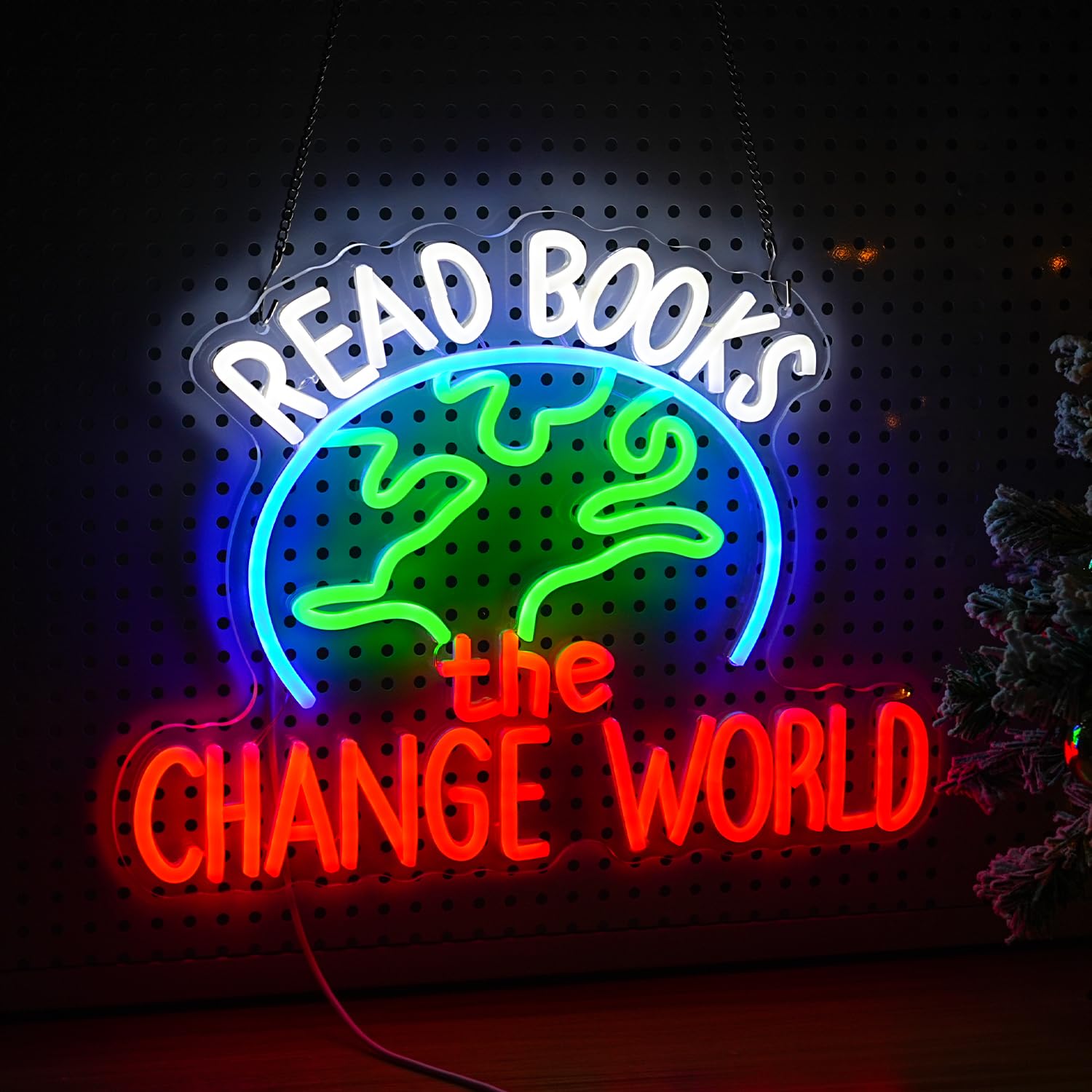 GNVETZLL LED Neon Sign - Read Books Change The World - Dimmable, USB Powered, Acrylic, 16.5x12.6In, White Green Blue Red
