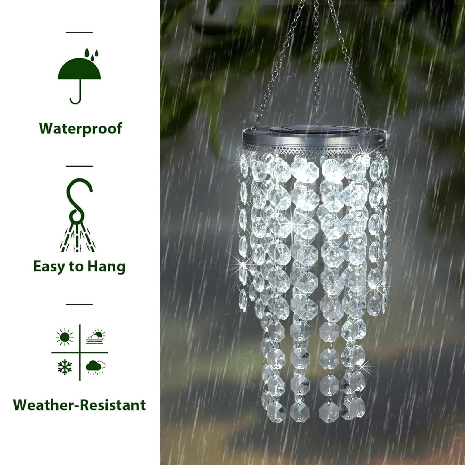 Hanging Solar Crystal Chandelier Outdoor, 21    Modern Solar Transparent Acrylic Beaded Lantern With Cool White Led S Hooks For
