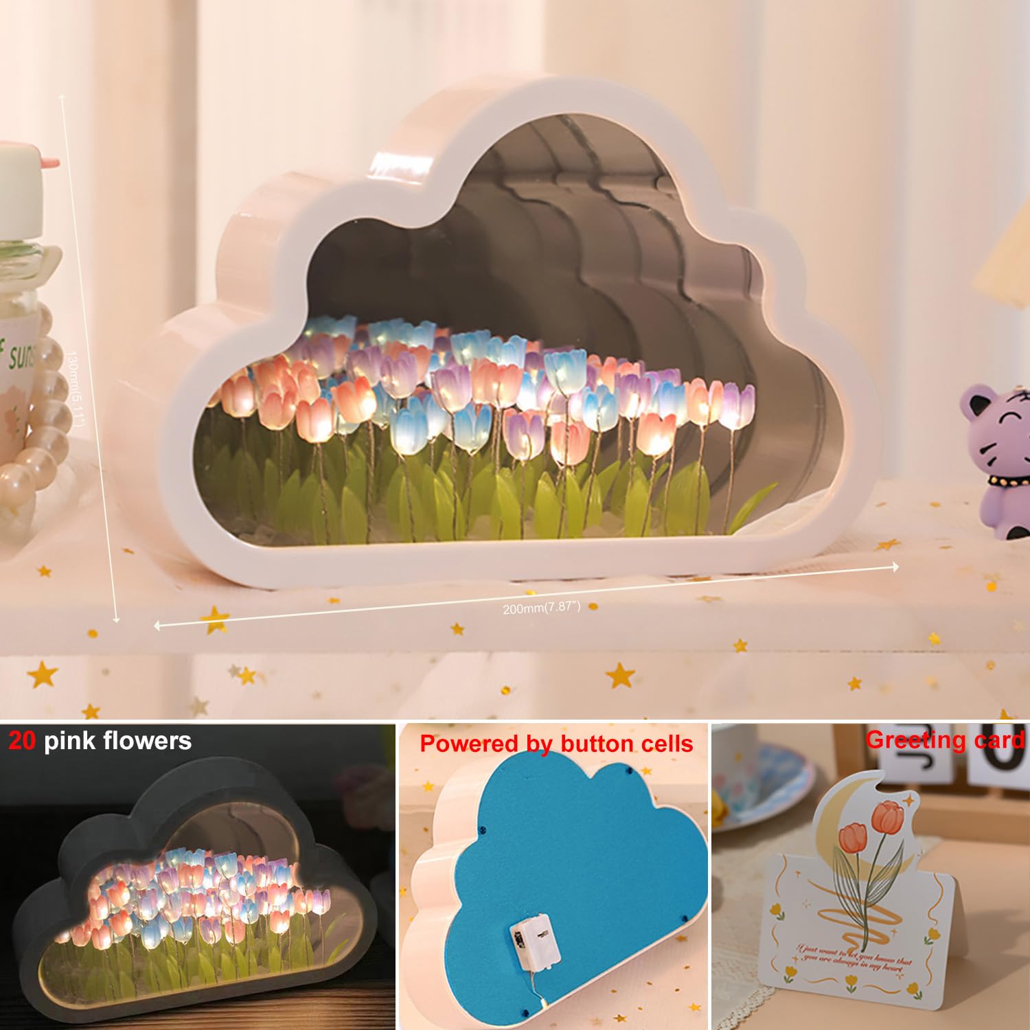 Logazoo (20 Flower) Tulip Lamp Night Light With Mirror  Assembled Artificial Flower Lamp Table Light Bedroom Decoration Gift For Women Girlfriend Sisters Desk Table Decor  Cloud Design (Multicolor)