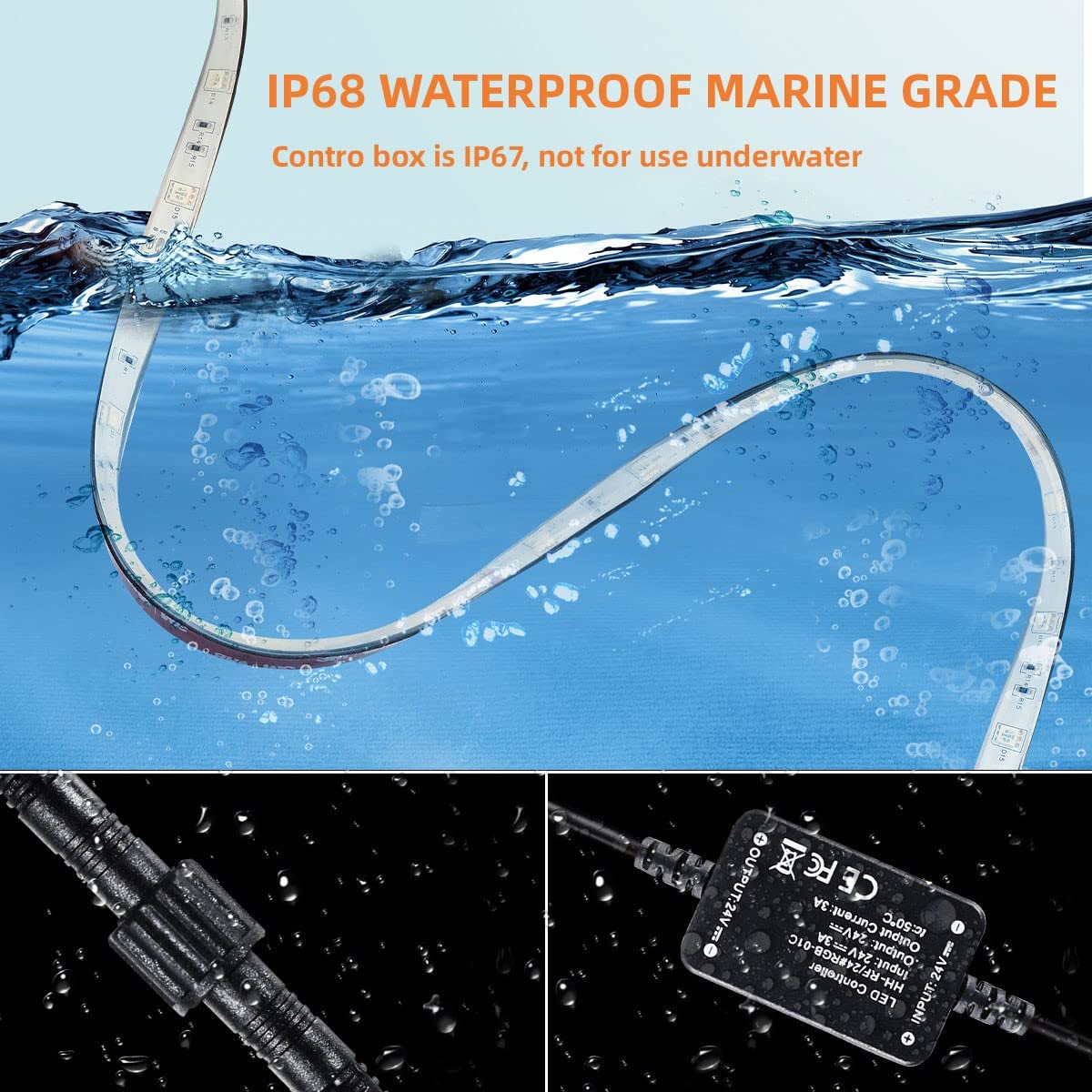 ROLiGHTiC Marine LED Strip Lights, 50FT IP68 Waterproof RGB Underwater Lights for Boats, Model SH305U489U, Multicolor