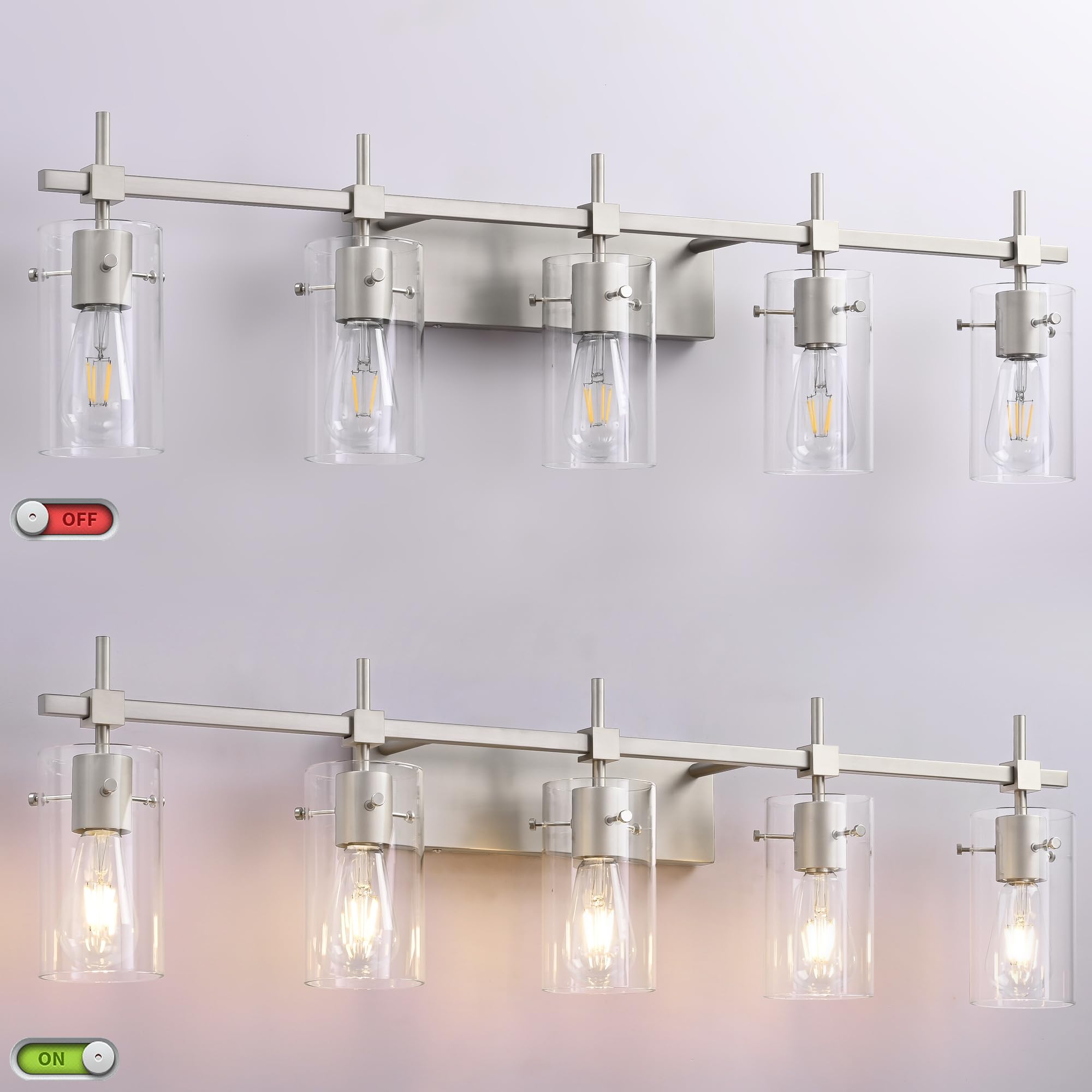 Solfart 40.1 Inch 5 Light Bathroom Vanity Light Fixtures Bathroom Light Fixture Over Mirror Brushed Nickel Wall Lights With Glas