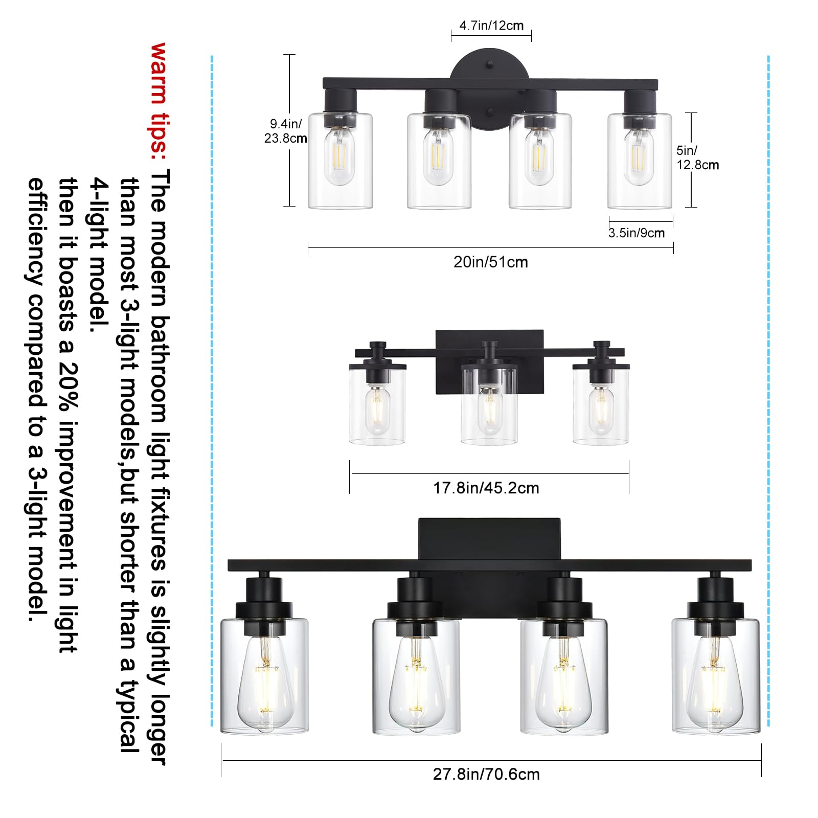 4 Light Bathroom Vanity Light, Bathroom Light Fixtures With Clear Glass Shade, Modern Farmhouse Bathroom Light Fixtures, Matte B