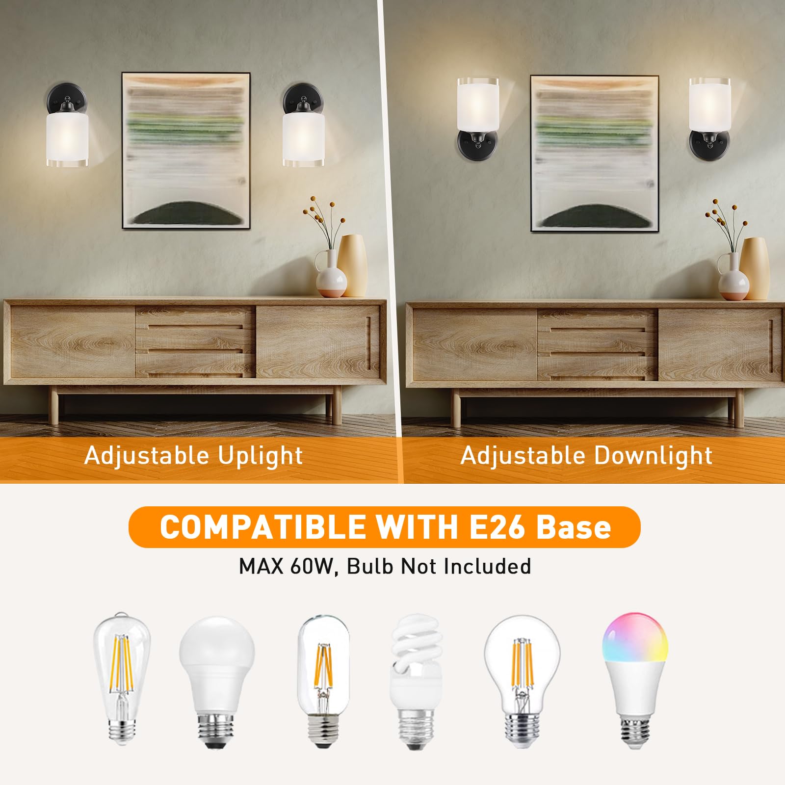 XIFEINIU Wall Sconces Set of 2, Frosted Glass Shade, Modern Matte Black, E26 Base, Bathroom/Bedroom Vanity Lights, Model LV24H58-B