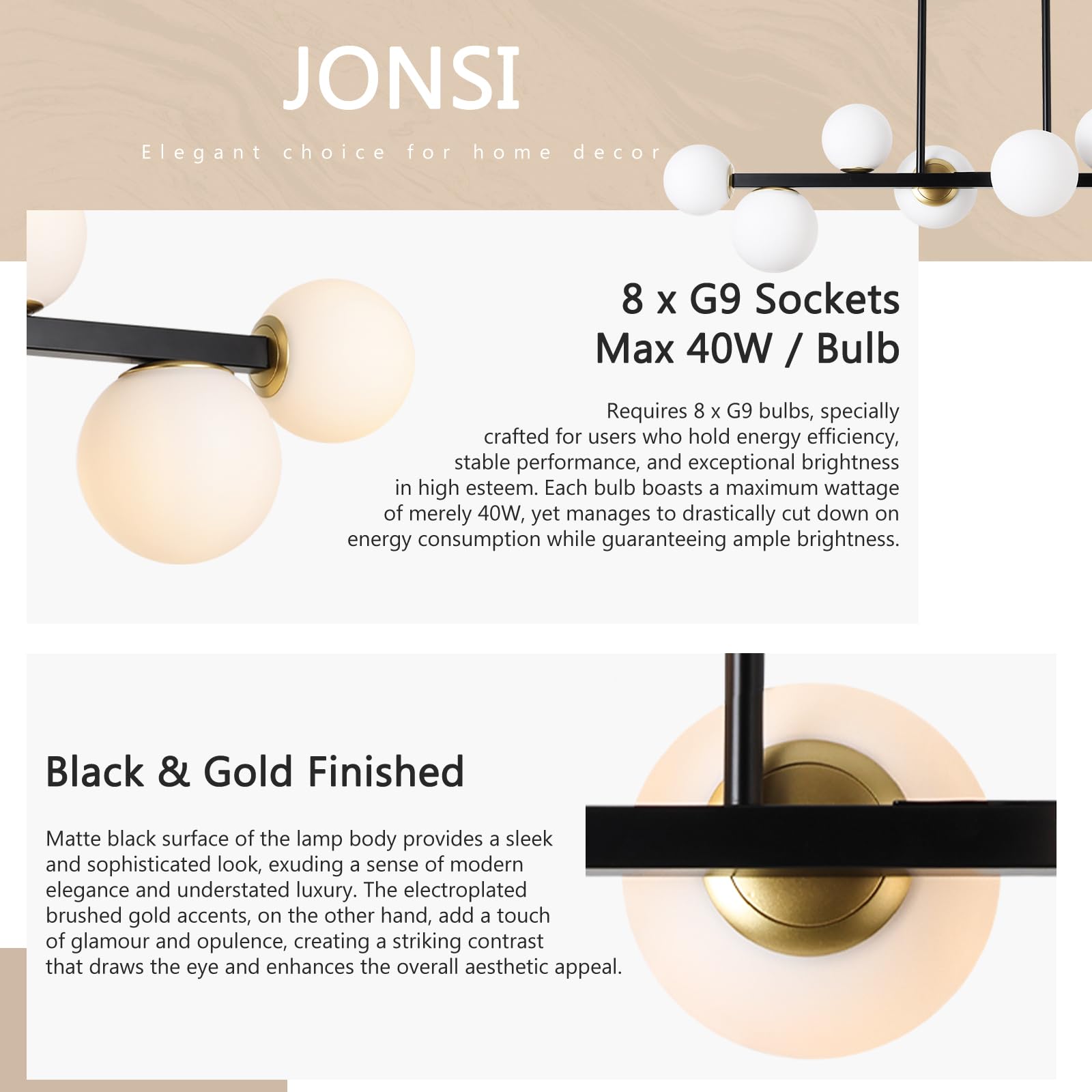 Jonsi Mid Century 8-Light Globe Glass Chandelier - Adjustable Black & Gold Fixture for Dining Room, Kitchen Island, Model 8P-6170