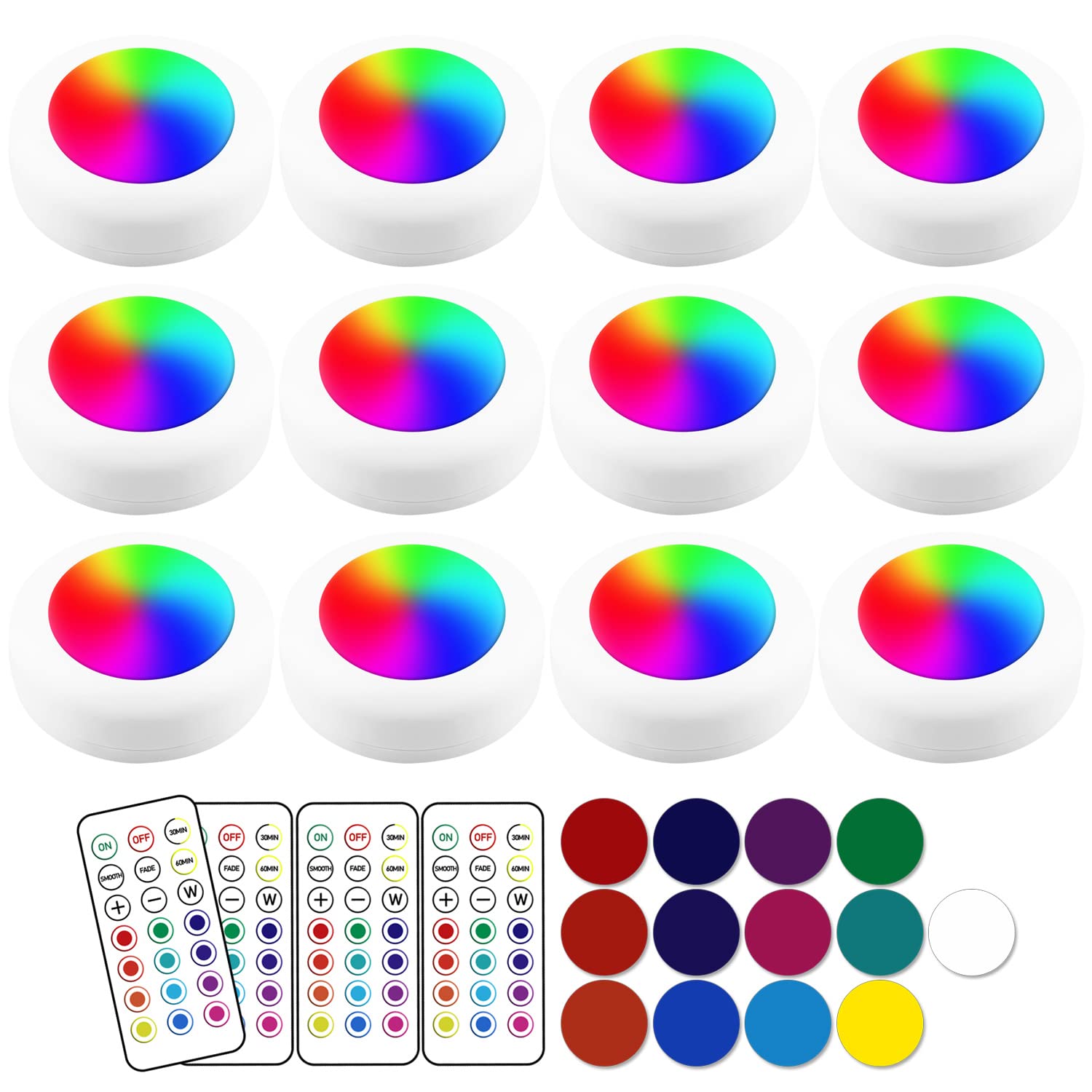 Deitybless 13-Color LED Puck Lights with Remote Control | Wireless Battery-Powered Stick-On Under Cabinet Lighting | Dimmable Co