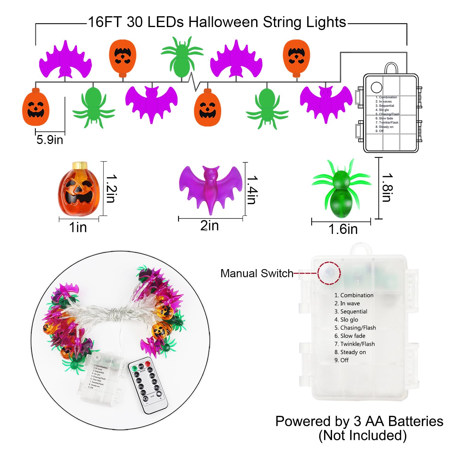 Halloween Lights, 16 Ft 30 Led Waterproof 3D Pumpkin Bat Spider Battery Operated String Lights With Timer, 8 Lighting Modes Fairy Lights For Window Indoor Outdoor Decor Halloween Party Decorations