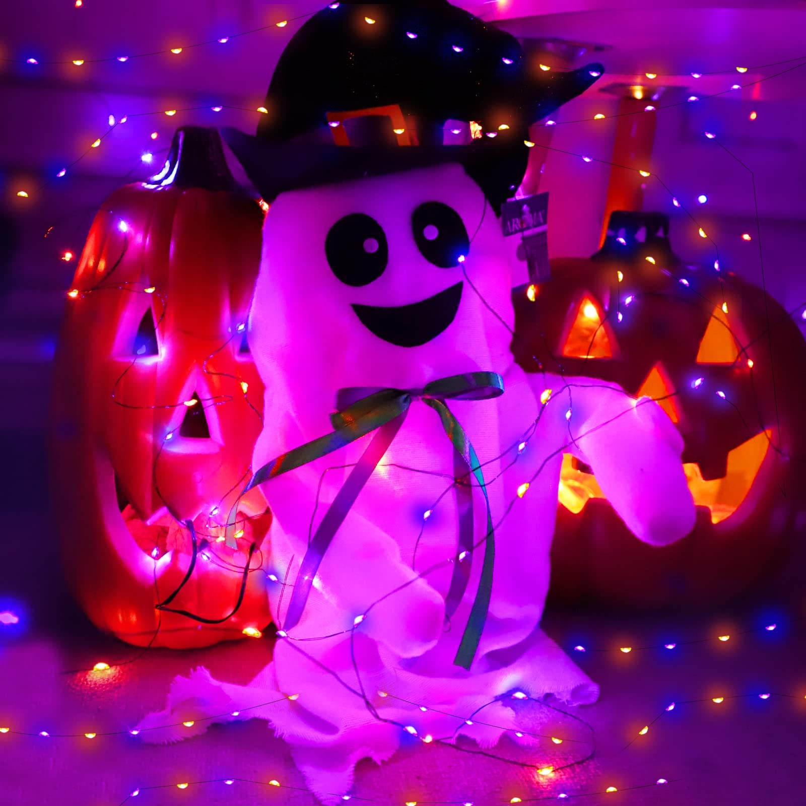 [3Pack&Timer] Halloween Lights Decorations, Total 150Led/50Ft Black Wired String Fairy Orange Purple Lights Battery Operated Halloween Decor Indoor Outdoor Garden Yard Party, 50Led/16.4Ft Each