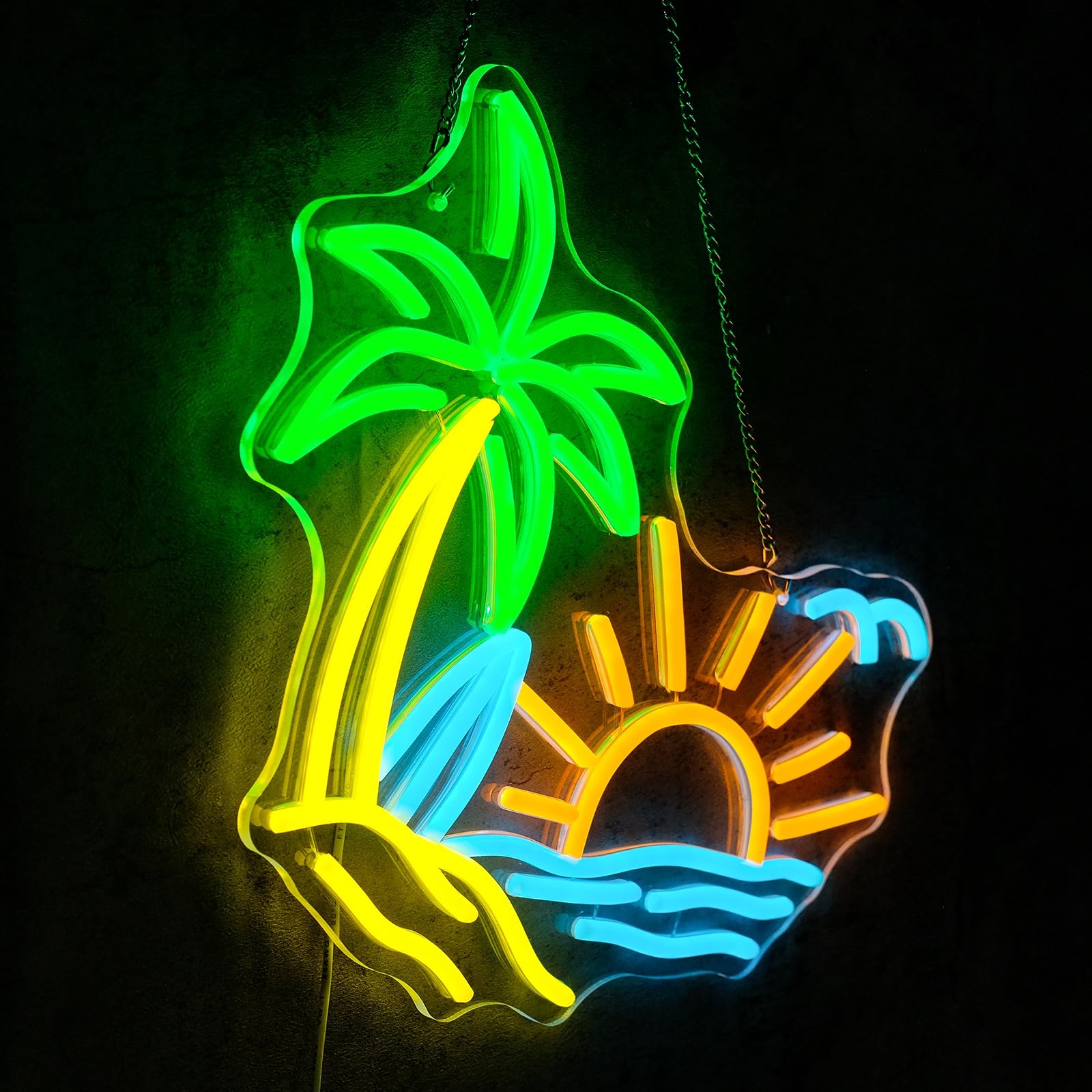 Virlusy Neon Sign Coconut Tree LED Light Summer Beach Decor Small Green Blue Yellow YL-Beach Sunset