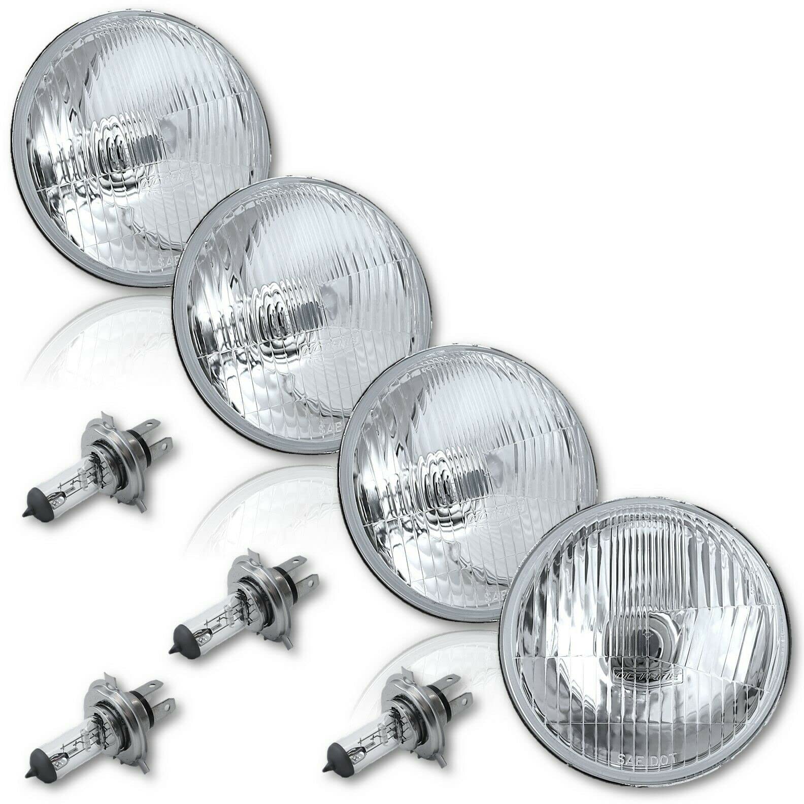 Octane Lighting 5-3/4 Stock Retro Style Glass Metal Headlight 55/60w Clear Halogen H4 Light Bulb Headlamp Set (60w Clear Halogen Bulbs, 5.75")