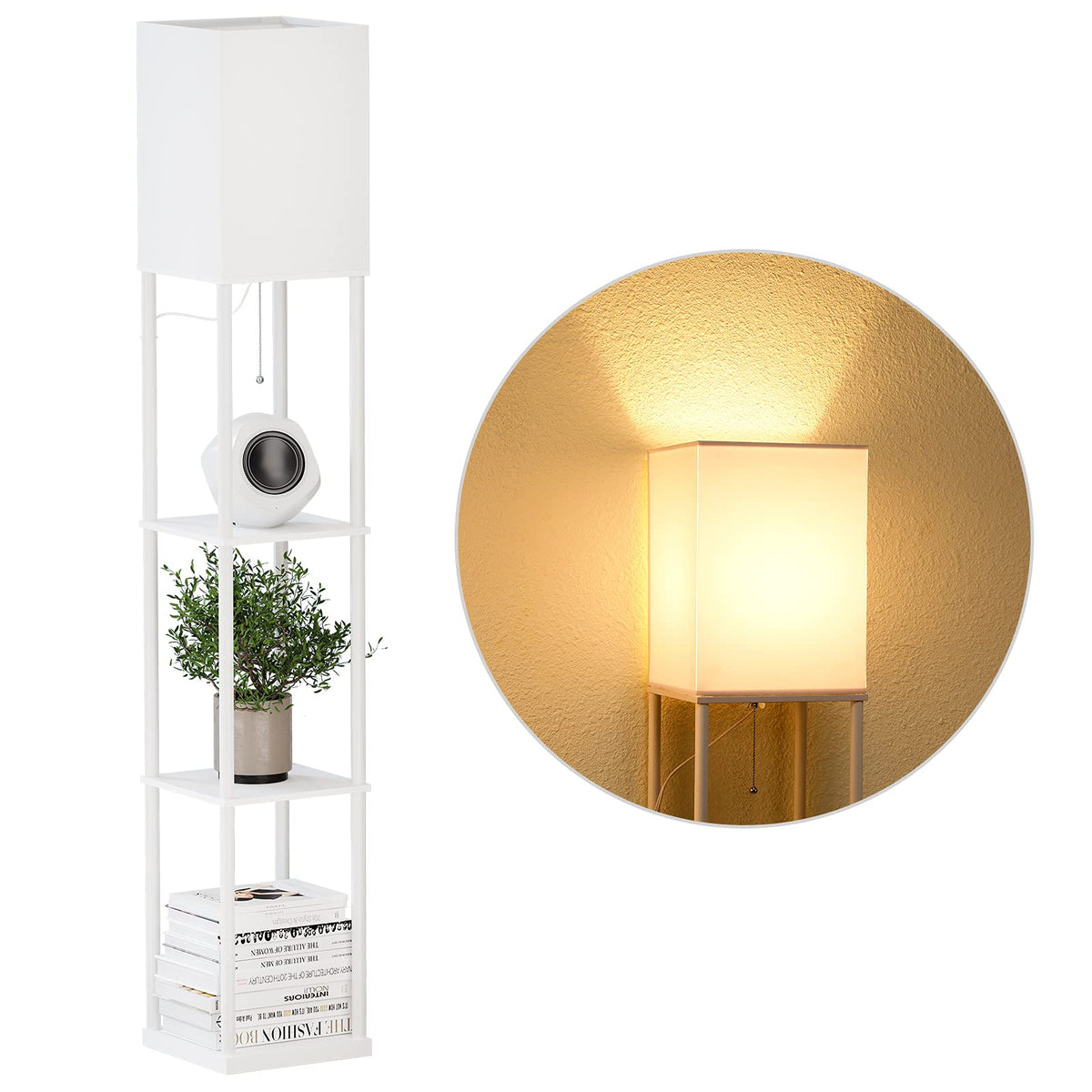 Sunmory Shelf Floor Lamp With 3-Way Dimmable Led Bulb, Modern Square Standing Lamp With Shelves And White Shade, Corner Display