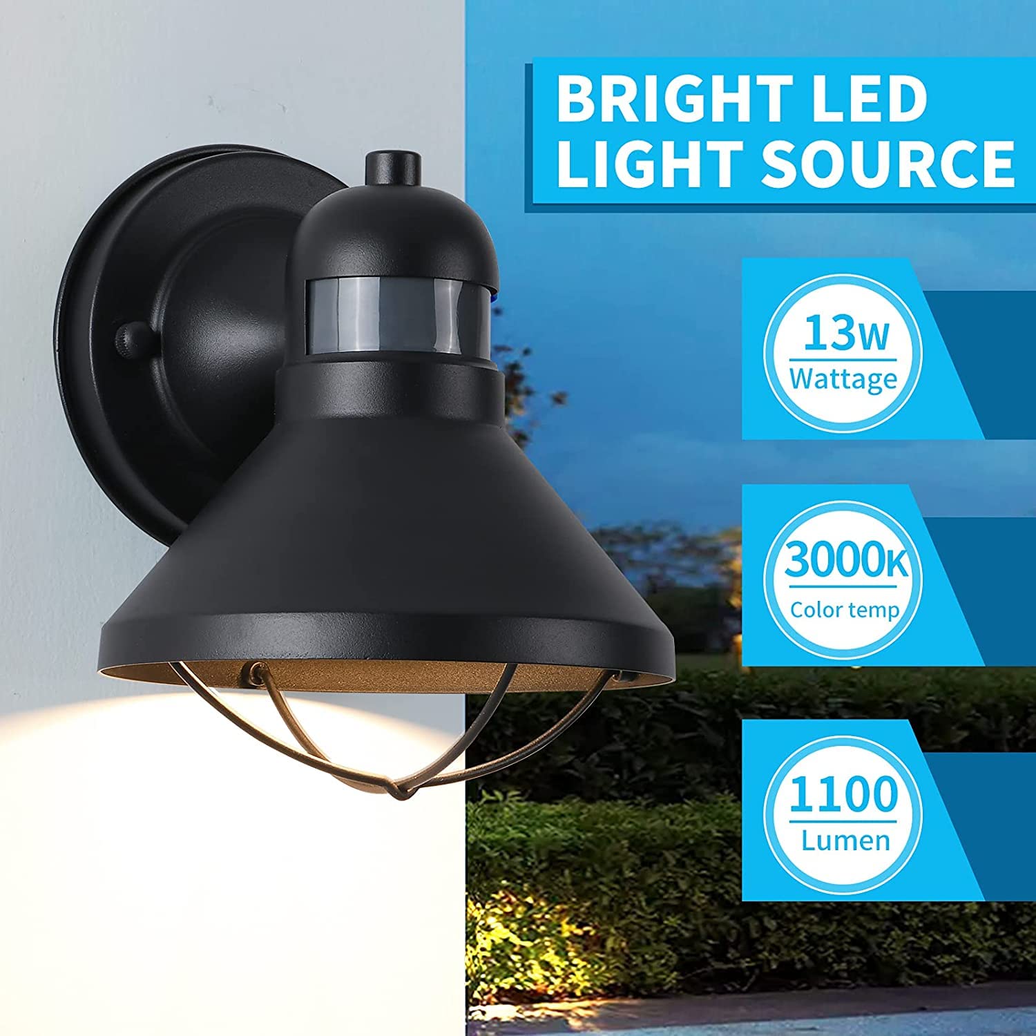 LONEDRUID Outdoor LED Wall Light - 2 Pack Motion Sensor, Waterproof Black Sconce for House, Porch, Garage, Farmhouse