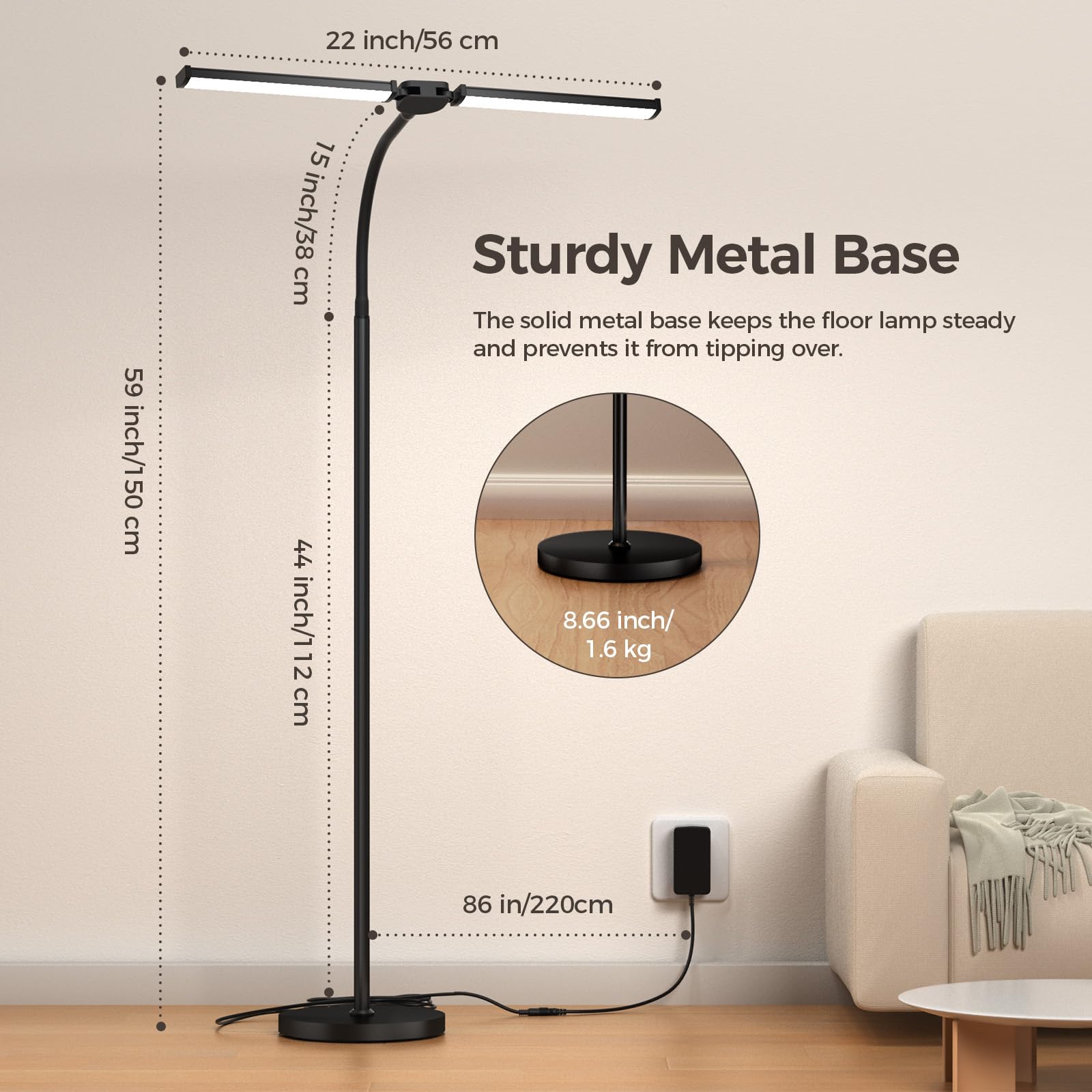 VrimNowit LED Floor Lamp - Adjustable Brightness & Colors, Dual Head Gooseneck, Remote Control, Eye-Caring, Black, Model V-FL-ST06