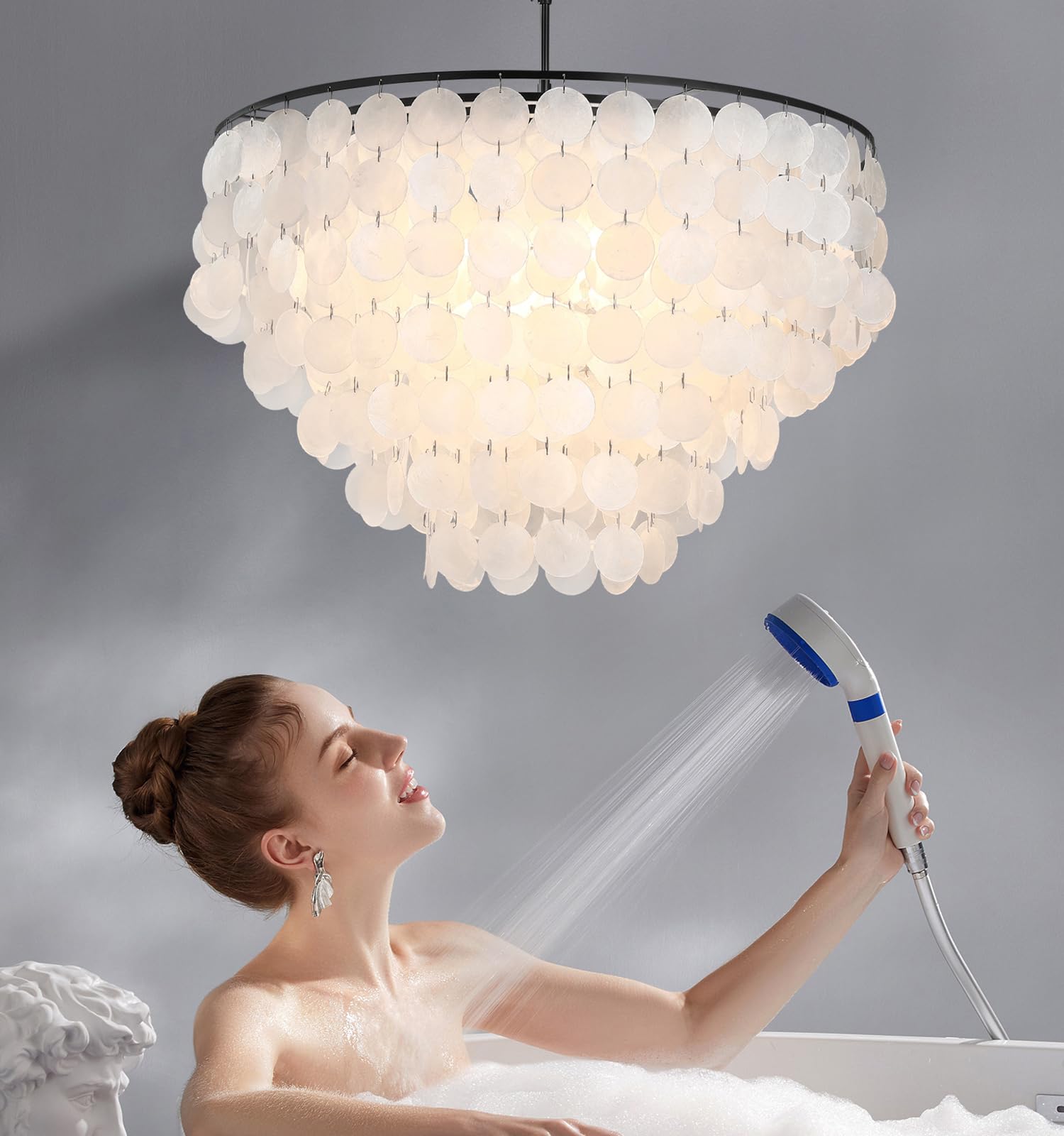 Zedsun Modern Capiz Chandelier Lighting 5 Lights, Natural Shell Hanging Ceiling Light Fixtures Contemporary Seashell Coastal Cha