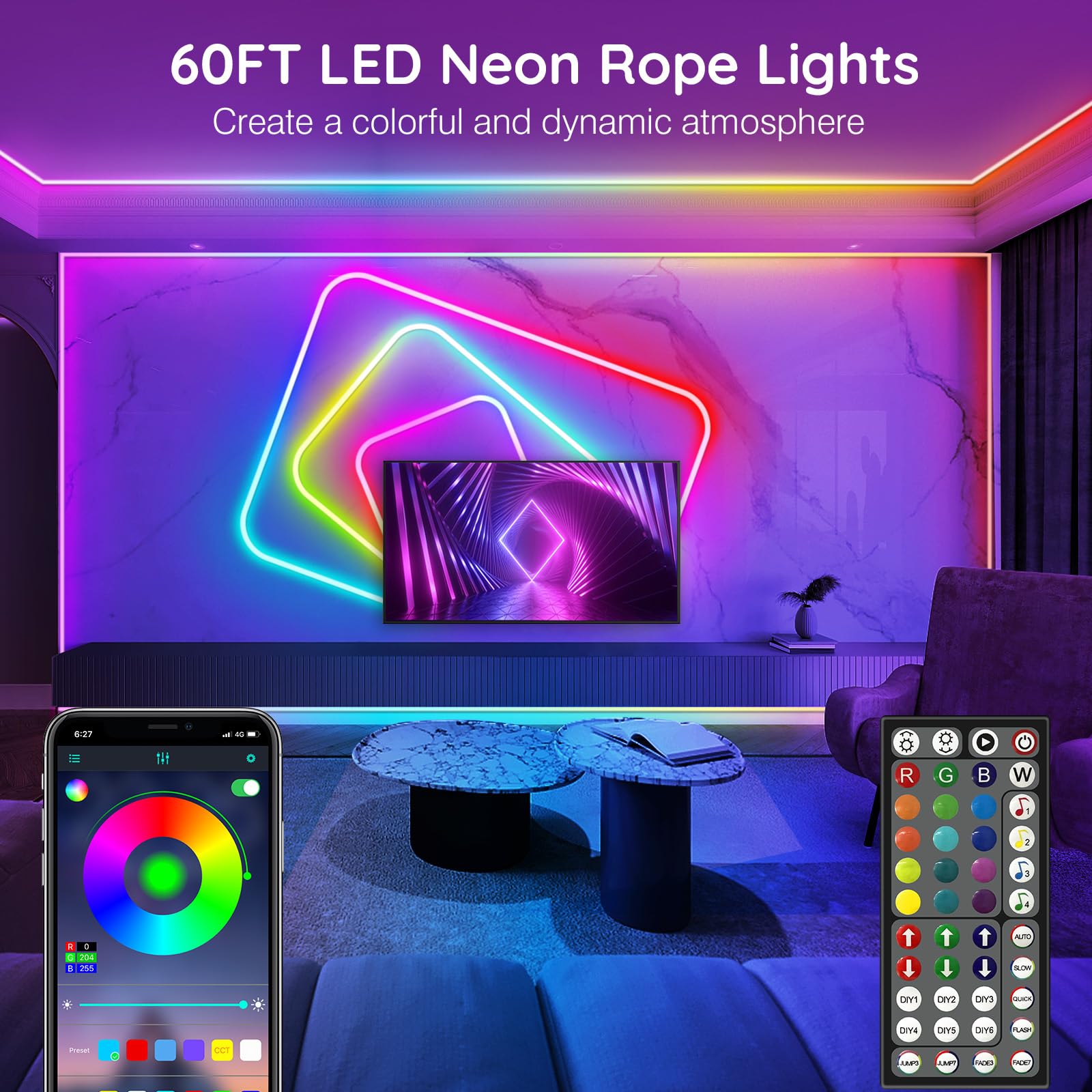 Sinley Led Neon Rope Lights 60Ft,Control With App/Remote,Flexible Led Rope Lights,Multiple Modes,Ip68 Outdoor Rgb Neon Lights Wa