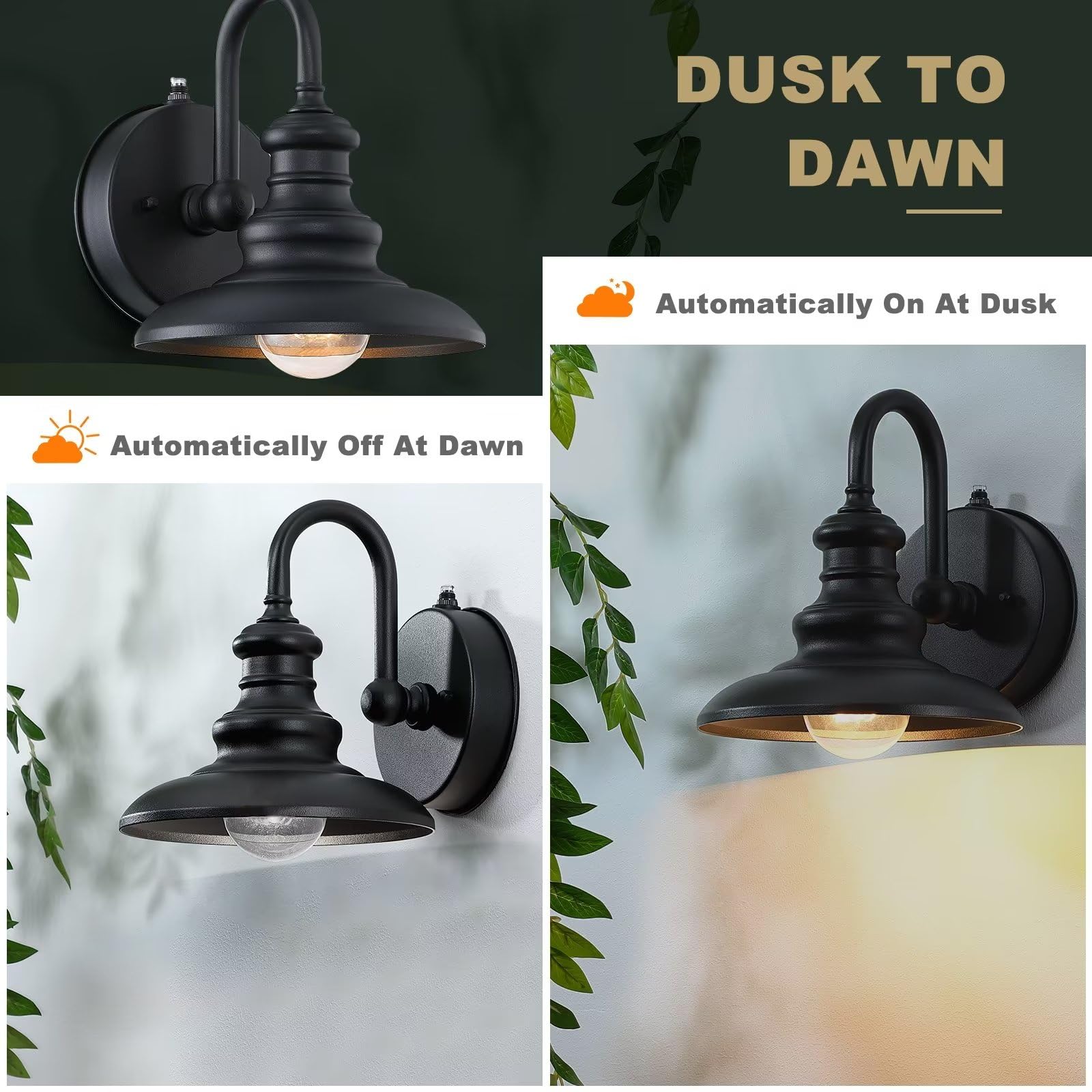 Lonedruid Black Metal Outdoor Wall Sconce With Dusk To Dawn Sensor, Waterproof Gooseneck Barn Light For Porch, Garage, Entryway