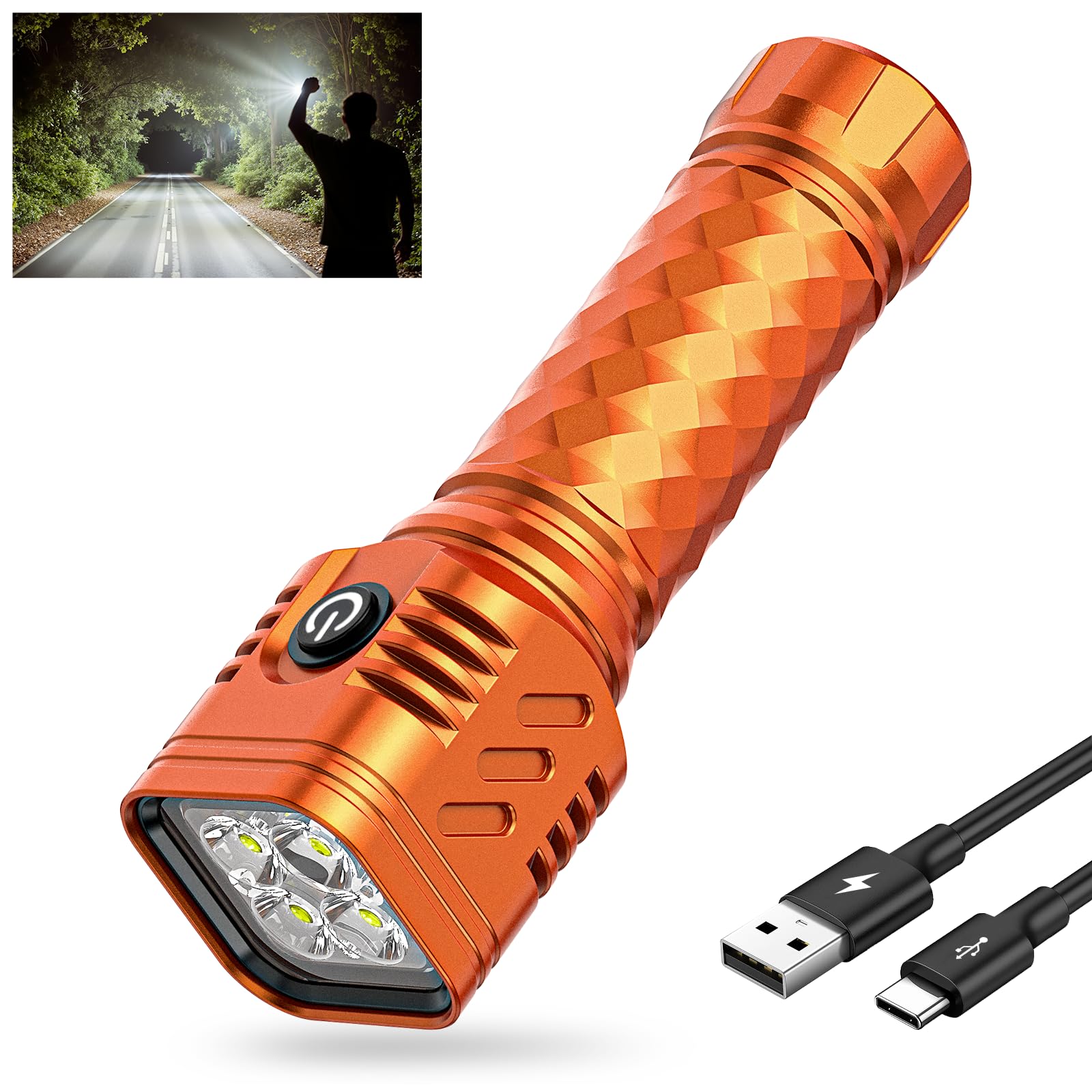 WdtPro Rechargeable LED Flashlight 2000L, Waterproof, Aluminum, Model EX4, Orange, 1 Pack