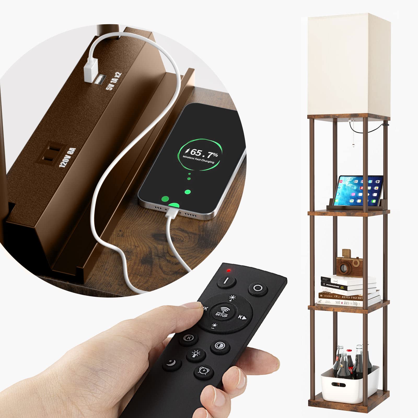 Addlon Modern Floor Lamp With Shelves, Remote Control, 2 Usb Charging Ports And 1 Power Outlet, Display Floor Lamp With Shelves