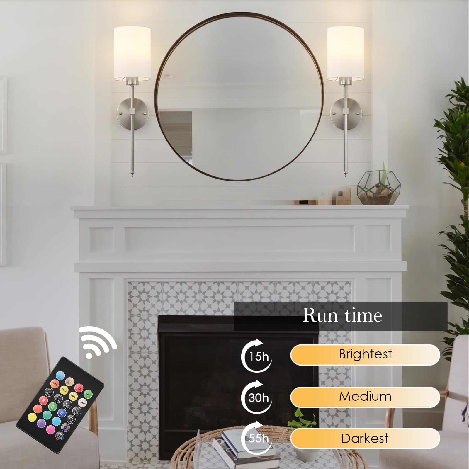 KARTOOSH Battery Operated Wall Sconces Set of Two, Wireless Rechargeable, Dimmable, 20.6 Inch, Nickel, Model ZM213B