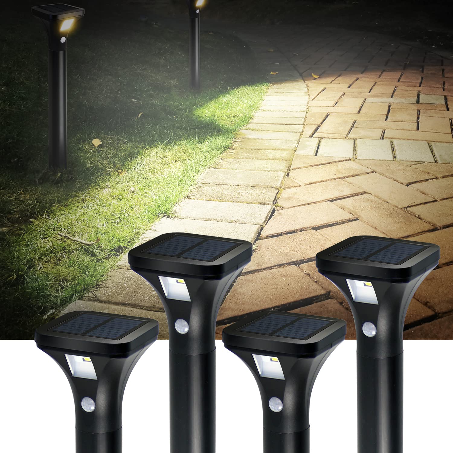 AURAXY Solar Outdoor Lights with Motion Sensor, Waterproof LED Pathway Lights, 4 Pack, Black, Model 739713532545