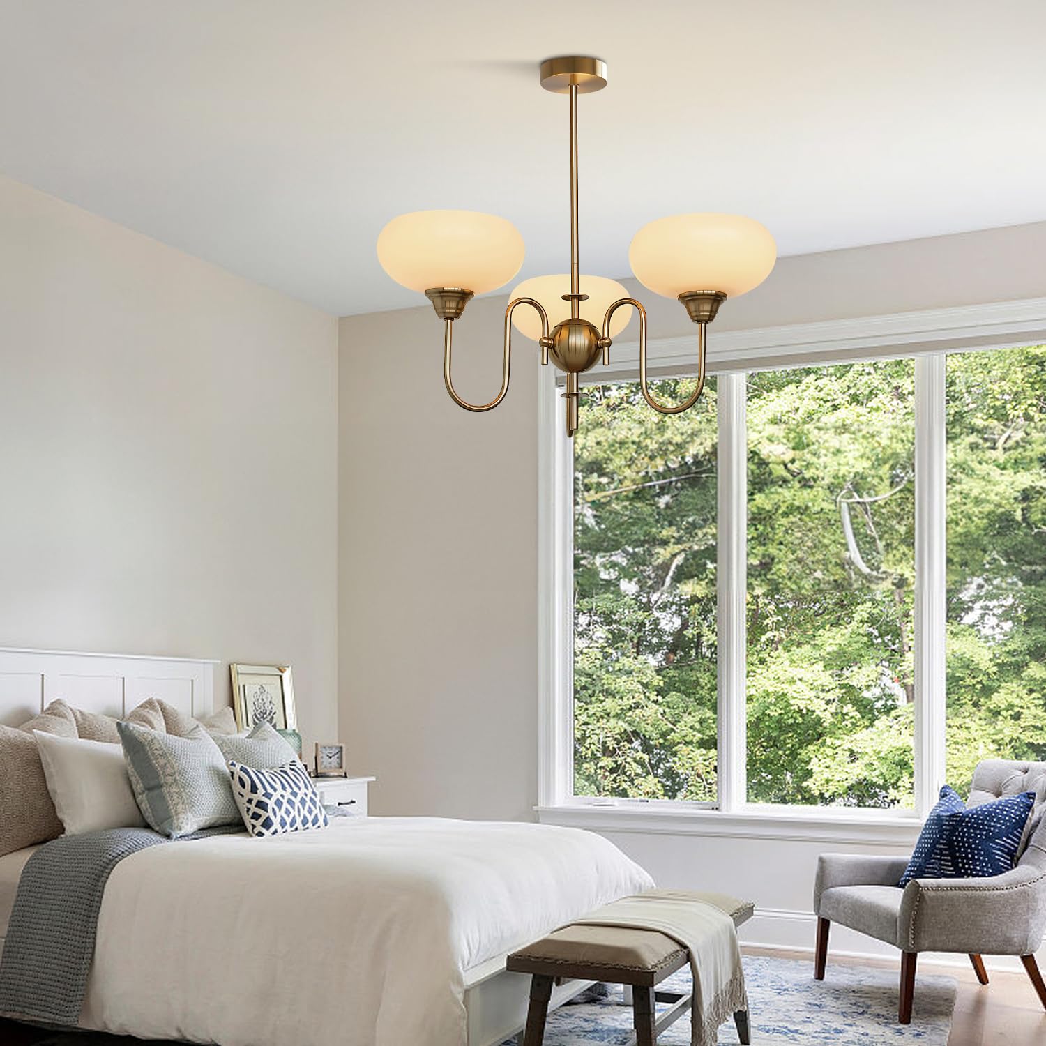 Flyrose 3-Lights Mid Century Modern Gold Chandelier Pendant Light Fixture White Milk Glass Pendant Light Brass Sputnik Chandelie