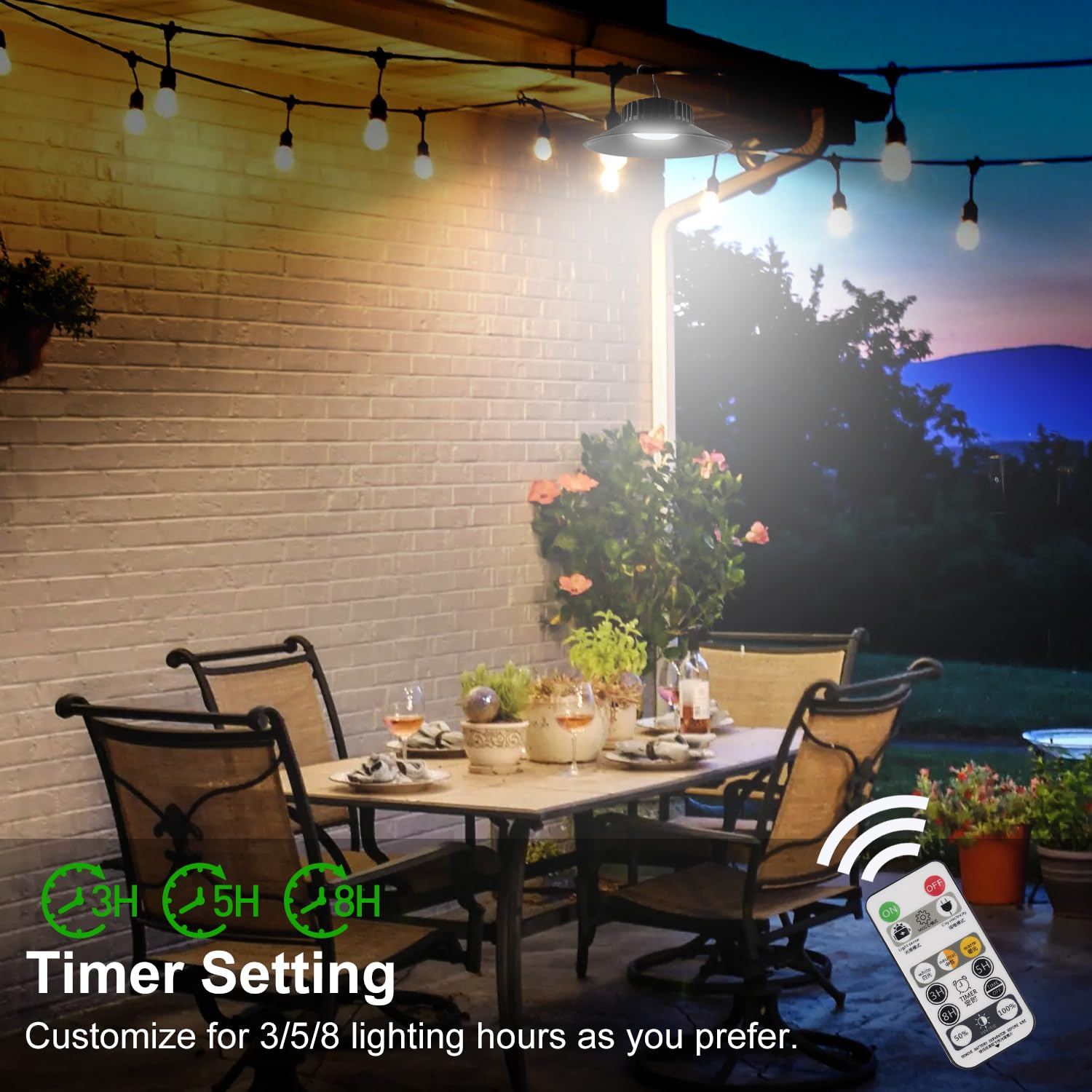 T-SUN Solar Shed Light 2-Pack with Remote, IP65 Waterproof Outdoor Indoor Pendant Lights, Adjustable 3000K/4000K/6000K for Garden, Patio, Garage