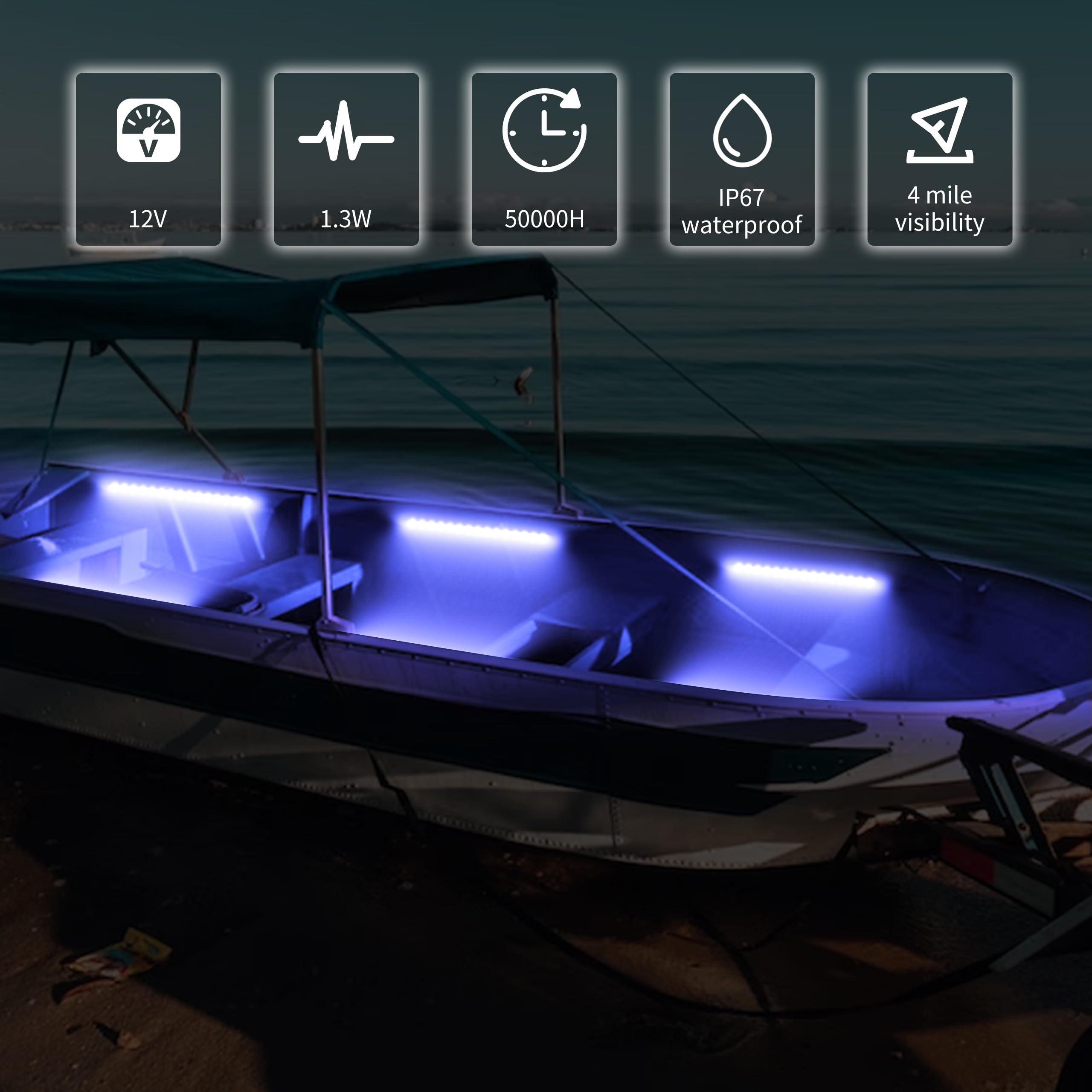 RVZONE LED Boat Interior Lights - Waterproof Marine Strip Lighting, 4 Pcs, Blue, 11.8 inch - Perfect for Pontoon, Dinghy, Kayak, Yacht