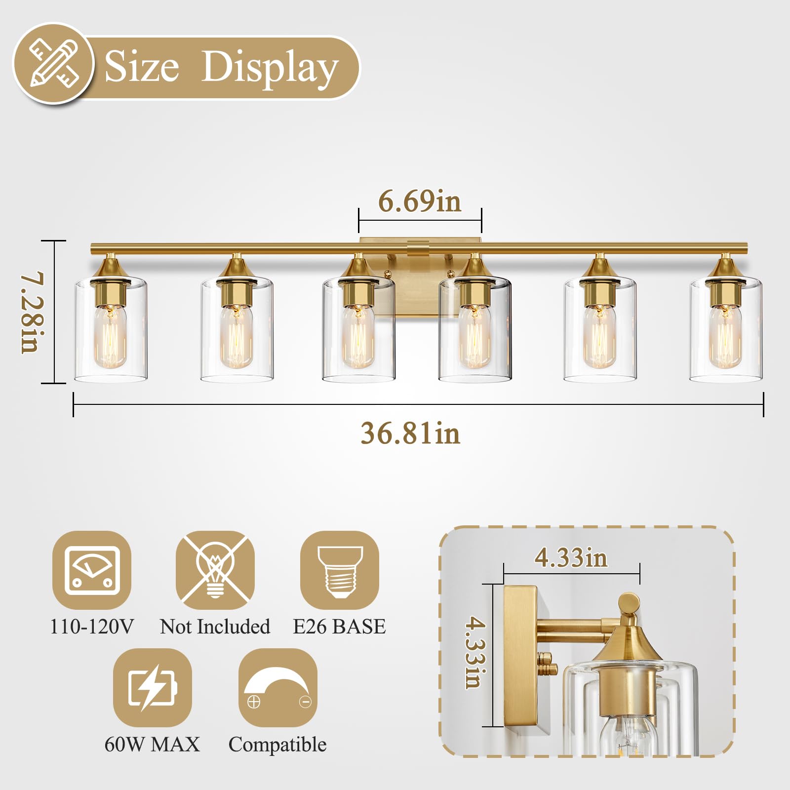 Xpehk 6-Light Gold Vanity Light,Bathroom Light Fixtures,Modern Brushed Brass Gold Wall Sconce Lighting,Bathroom Wall Lamp For Mi