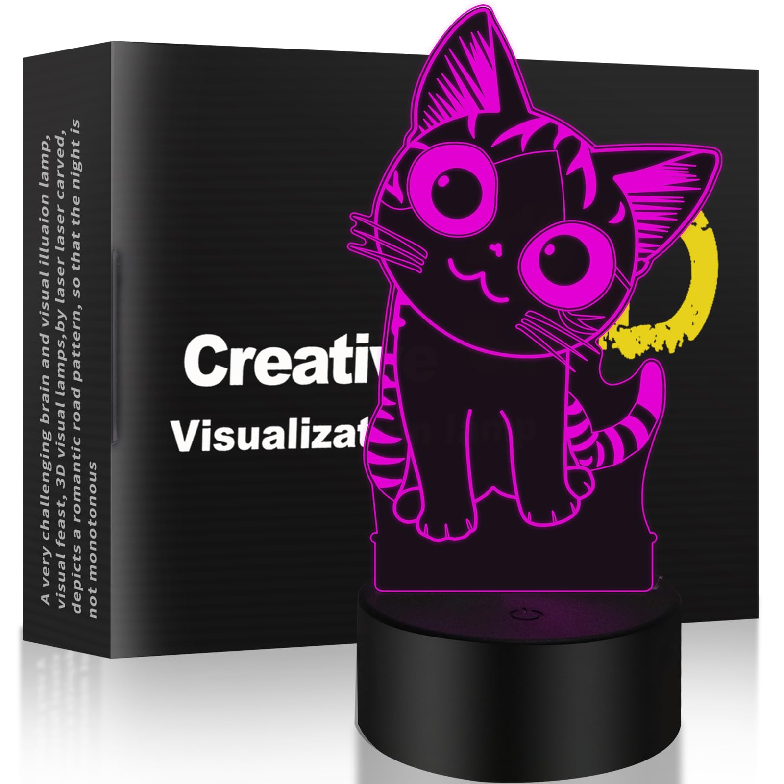 Ciyfve Cat 3D Night Light Touch Control - 7 Colors Auto Gradient Night Light, Acrylic and ABS Base Optical Illusion Nightlight, 