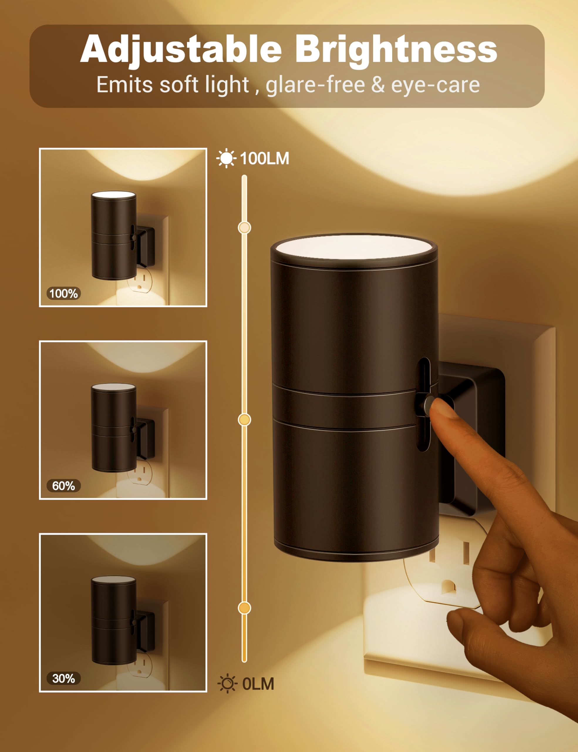 JandCase Dimmable Night Light Plug-in with Dusk to Dawn Sensor, Soft White 3000K, 0-100LM, Warm Black Shade, 2 Pack