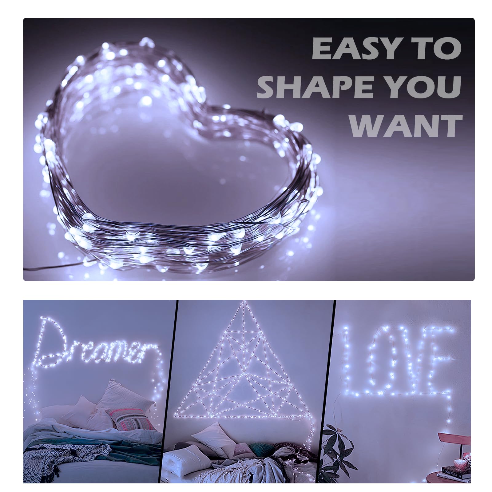 Ehome String Lights, Usb Fairy Lights Plug In 33 Ft 100 Led Twinkle String Lights Silver Wire Lights With Remote And Timer 8 Modes Outdoor Indoor Waterproof Starry Lights Diy Party Wedding, White