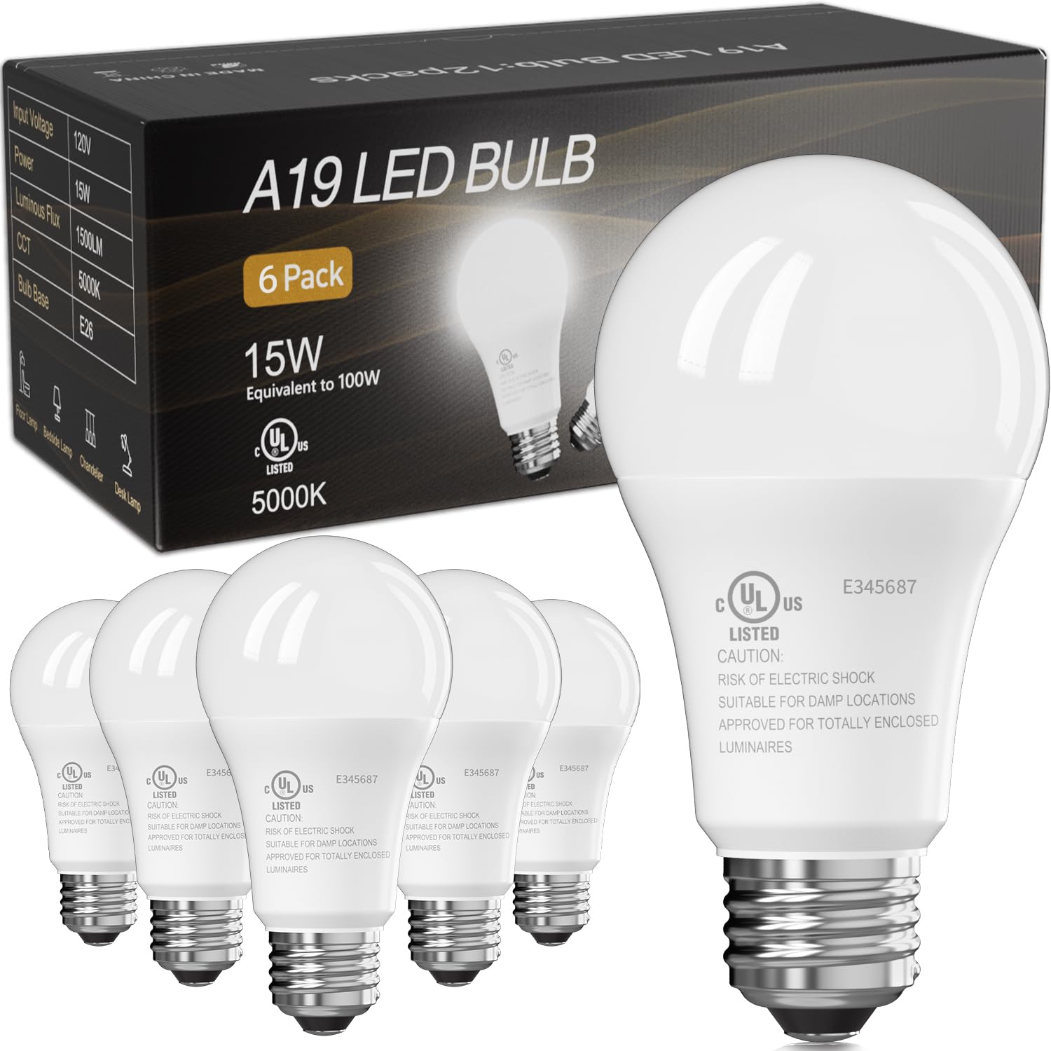TJOY LED Light Bulbs A19, 100W Equivalent, 5000K Daylight, 15W, 1500 Lumens, E26 Base, 6 Pack