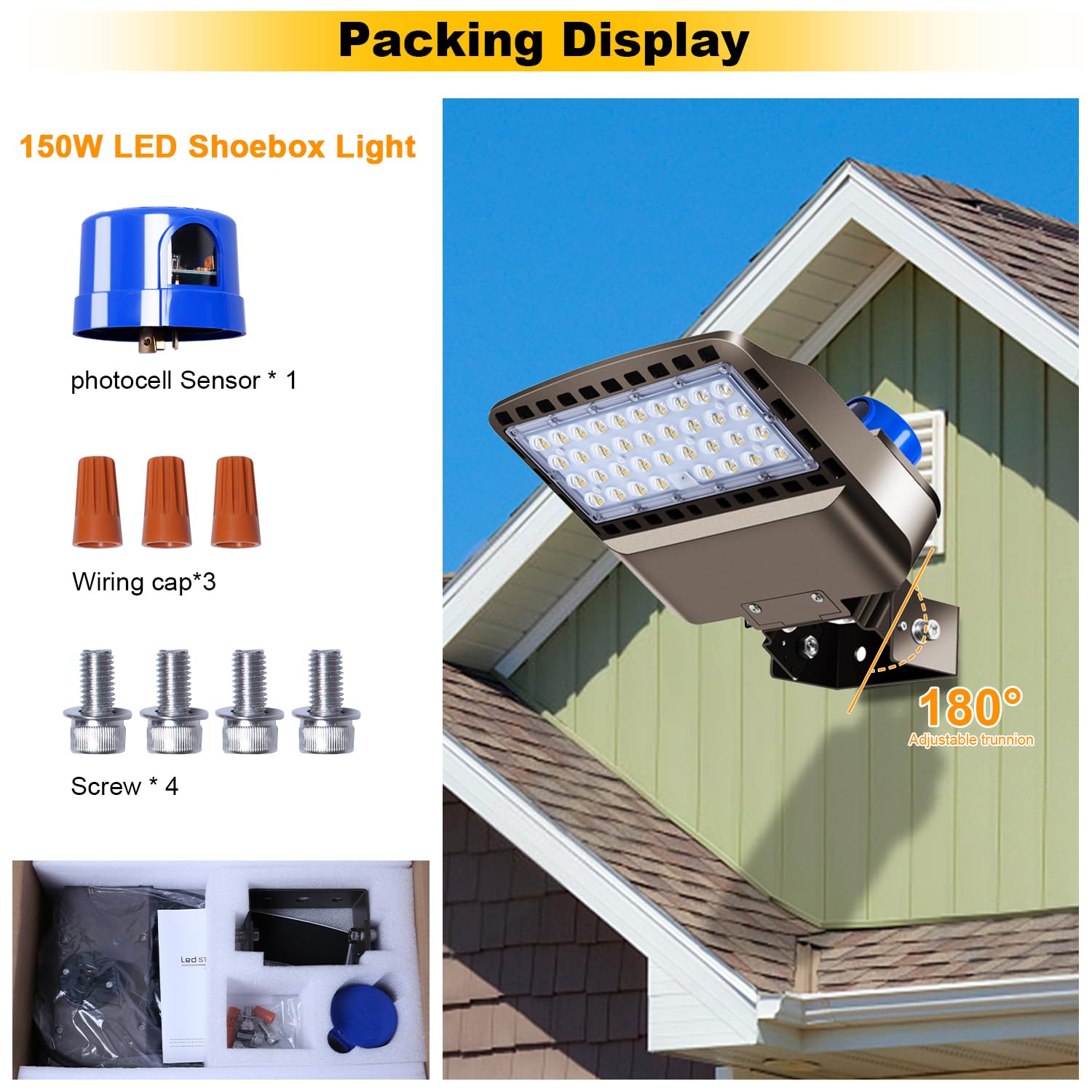 Biritalo 22500Lm Led Parking Lot Light Trunnion Dusk To Dawn 150W Led Floodlights Outdoor Wall Mount Security Commercial 85-277V